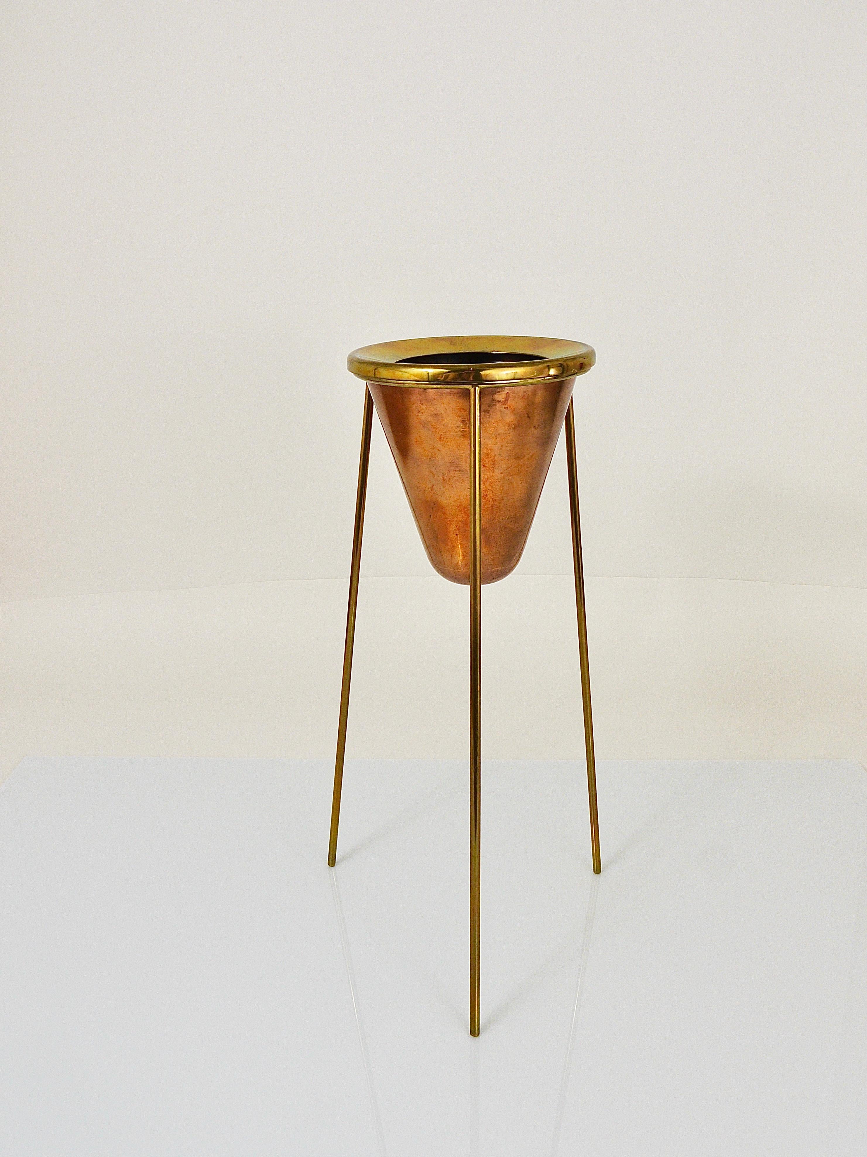 20th Century Rare Carl Aubock Copper & Brass Tripod Floor Ashtray, Austria, 1950s For Sale