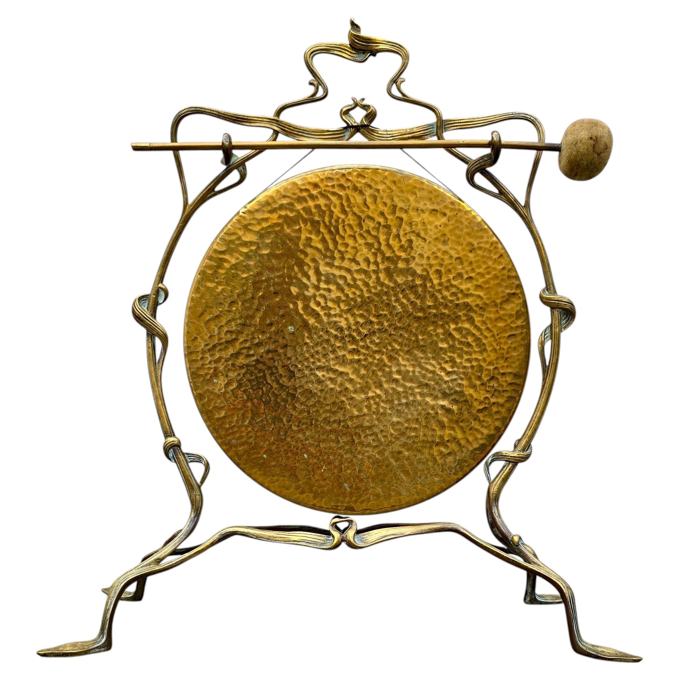 Rare Carl Deffner Jugendstil Hammered Brass Table Gong, Germany, circa 1900