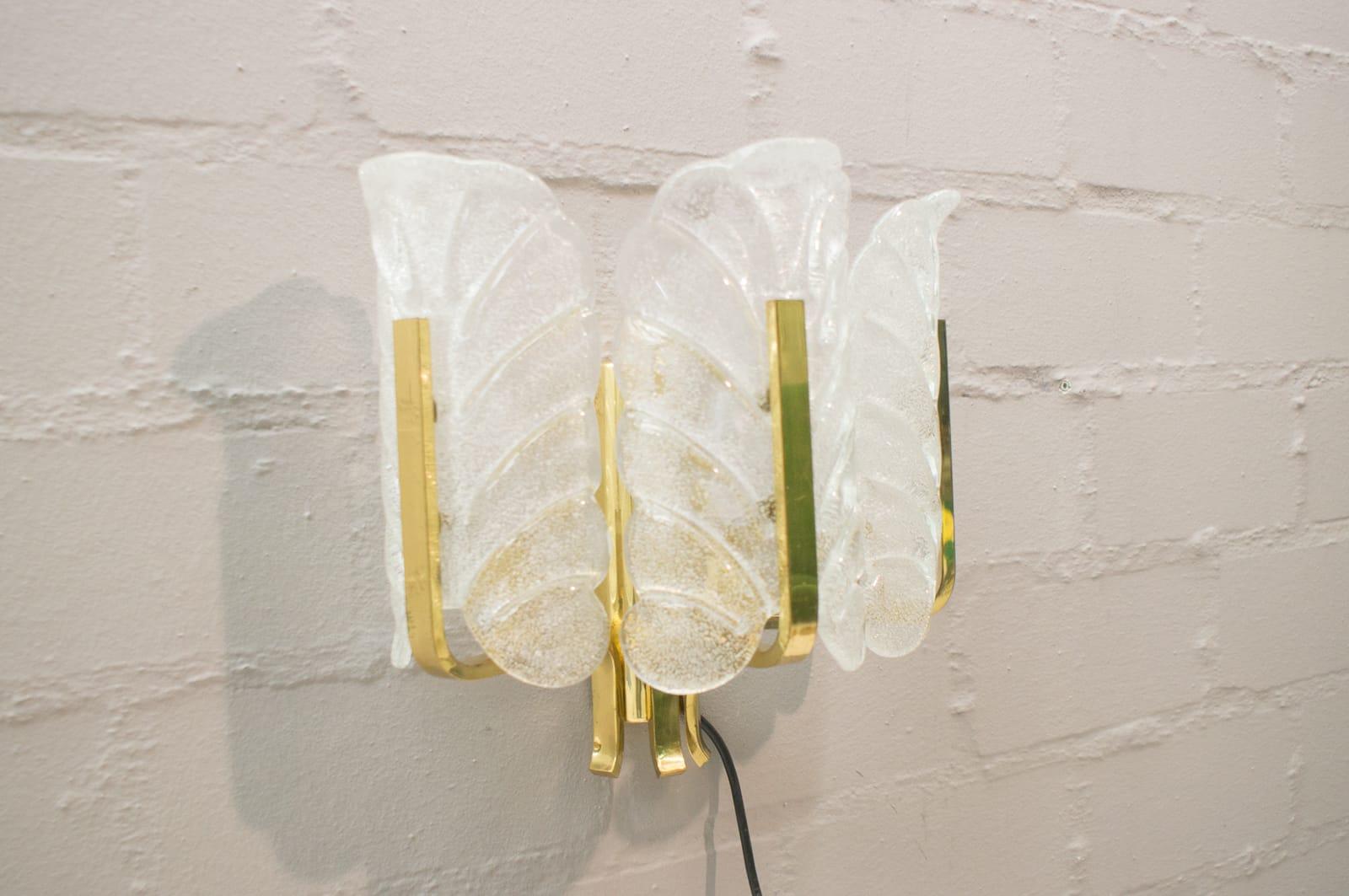 Swedish Rare Carl Fagerlund Orrefors Chandelier Glass Leaves and Brass Wall Lamp 1960s For Sale