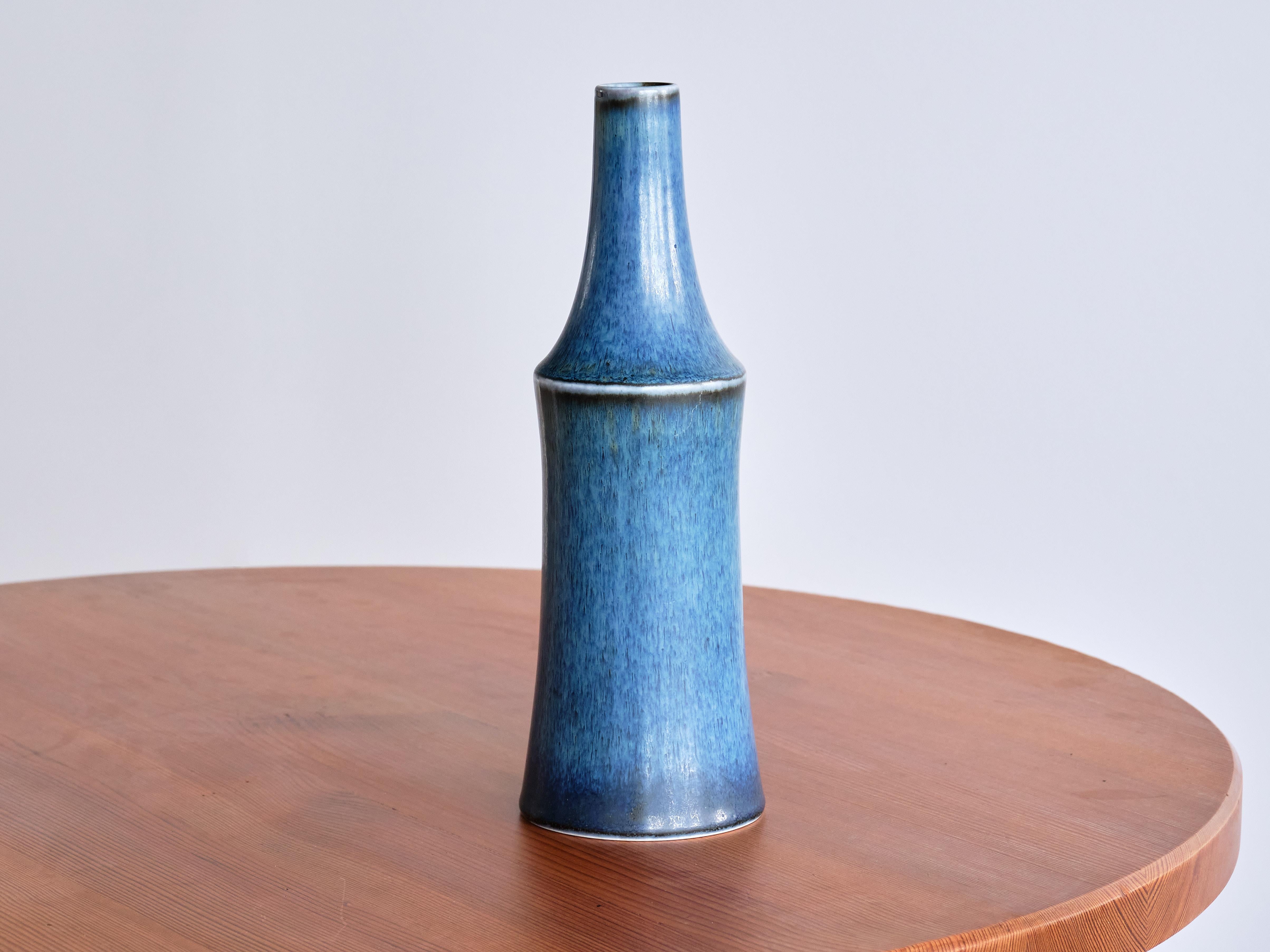 Scandinavian Modern Rare Carl-Harry Stålhane Blue Stoneware Vase in Harfur Glaze, Rörstrand, 1950s For Sale
