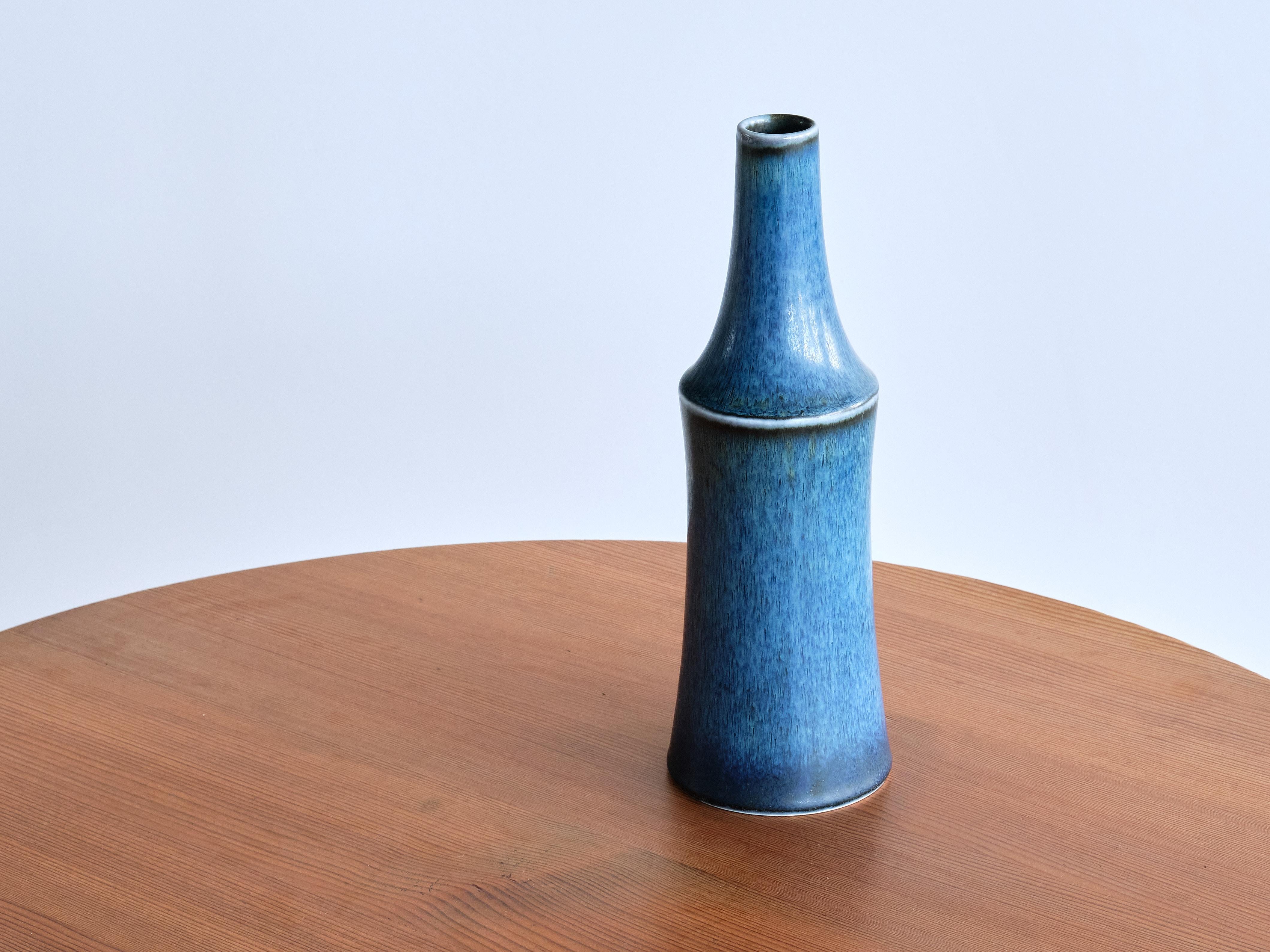 Swedish Rare Carl-Harry Stålhane Blue Stoneware Vase in Harfur Glaze, Rörstrand, 1950s For Sale