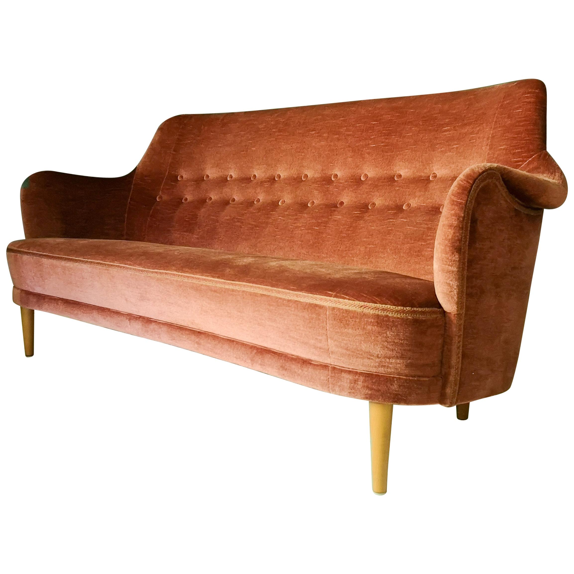 Midcentury Rare Carl Malmsten Velvet "Samsas" Sofa Sweden, 1960s