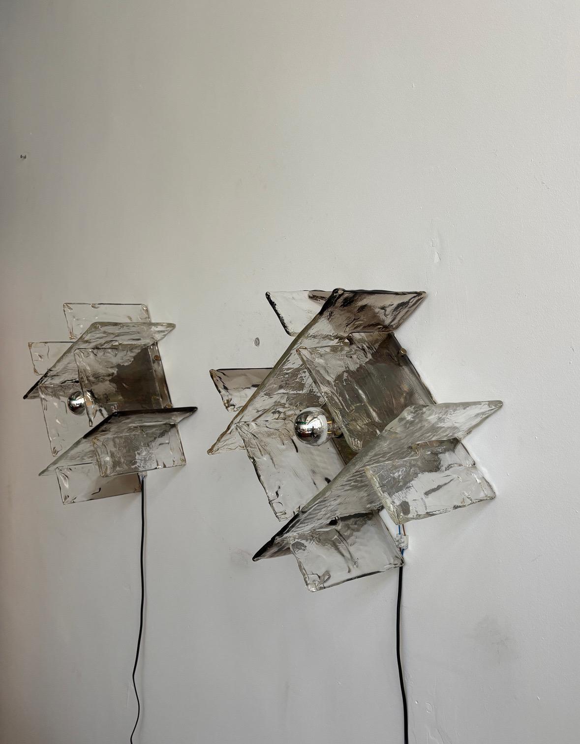 Late 20th Century Rare Carlo Nason for Mazzega wall sconces in thick Murano glass, 1950s Italy For Sale