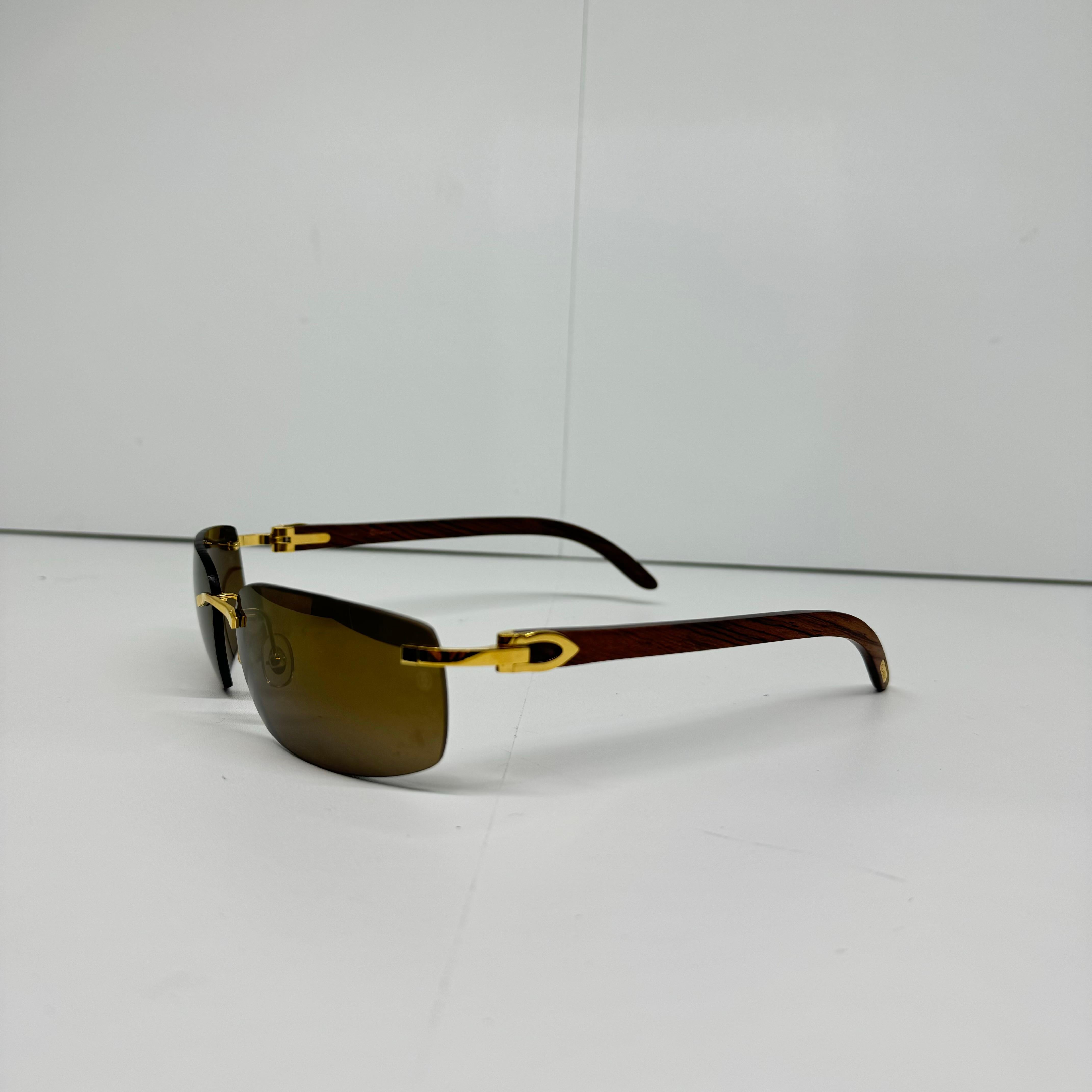 Men's Rare Cartier 140B C Decor Wooden Gold Rimless Sunglasses
