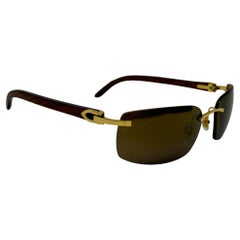 Rare Cartier 140B C Decor Wooden Gold Rimless Sunglasses
