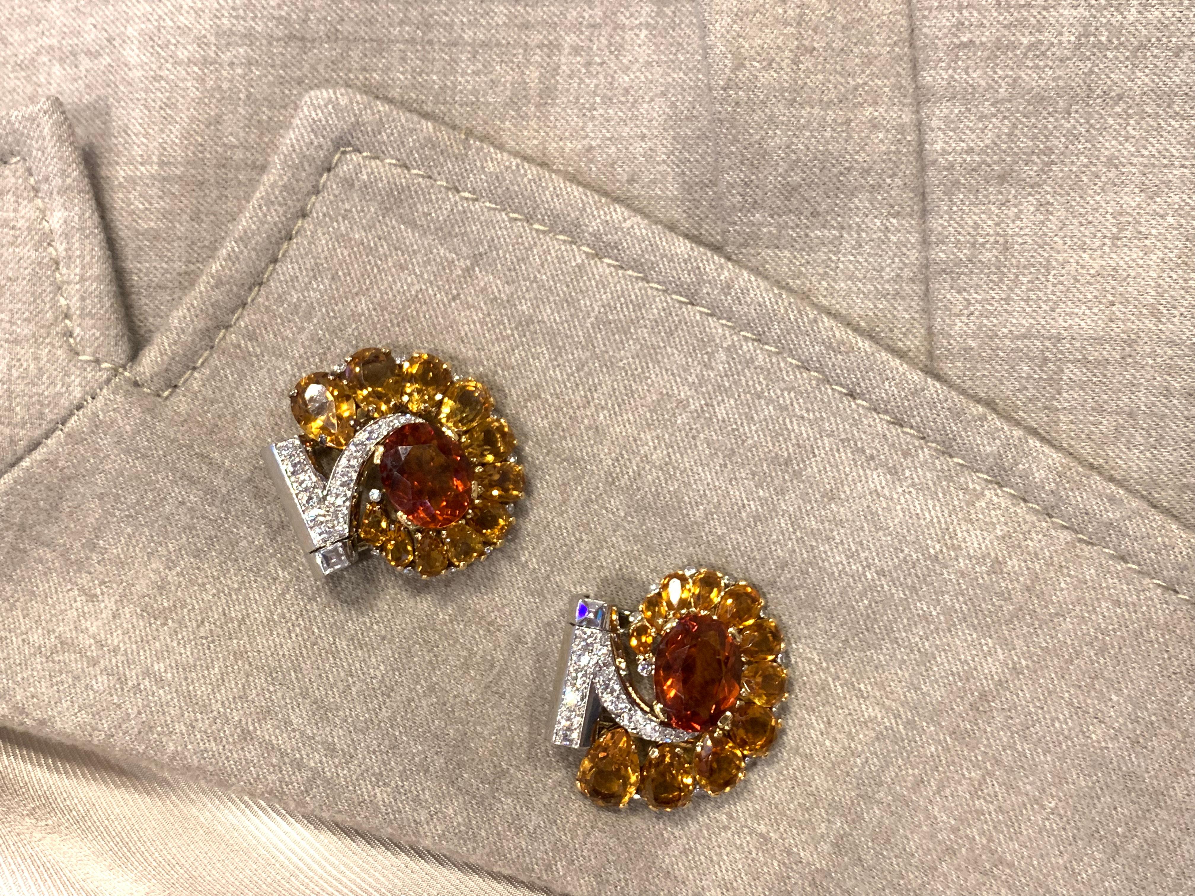 A Pair of Rare Cartier Paris Double Clips with citrines and diamonds mounted in platinum. Made in France, dated 1936. Original Certificate available for one