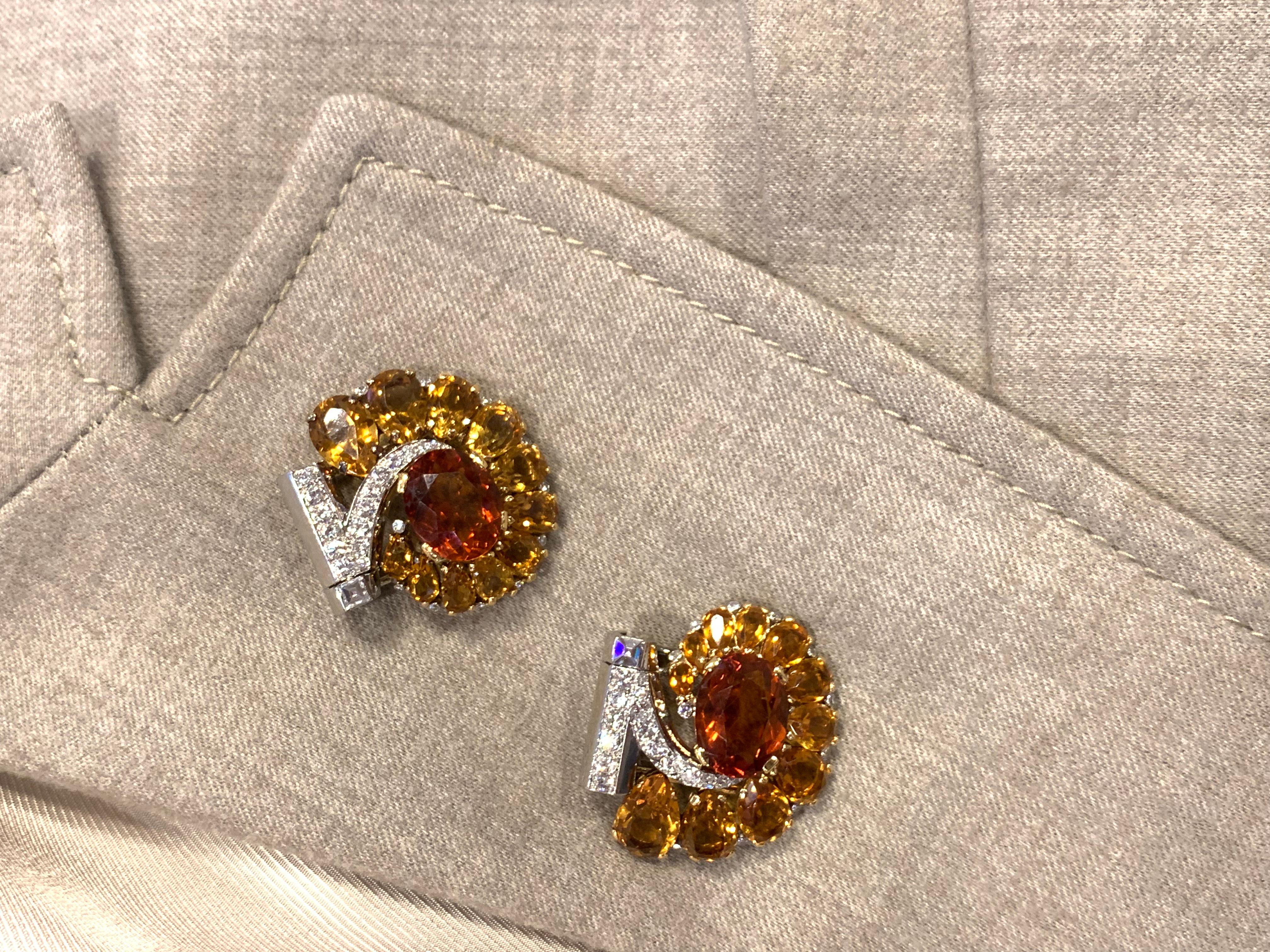 Coppia di rari fermagli doppi Cartier Paris con citrini e diamanti montati in platino. Prodotto in Francia, datato 1936. Certificato originale disponibile per uno