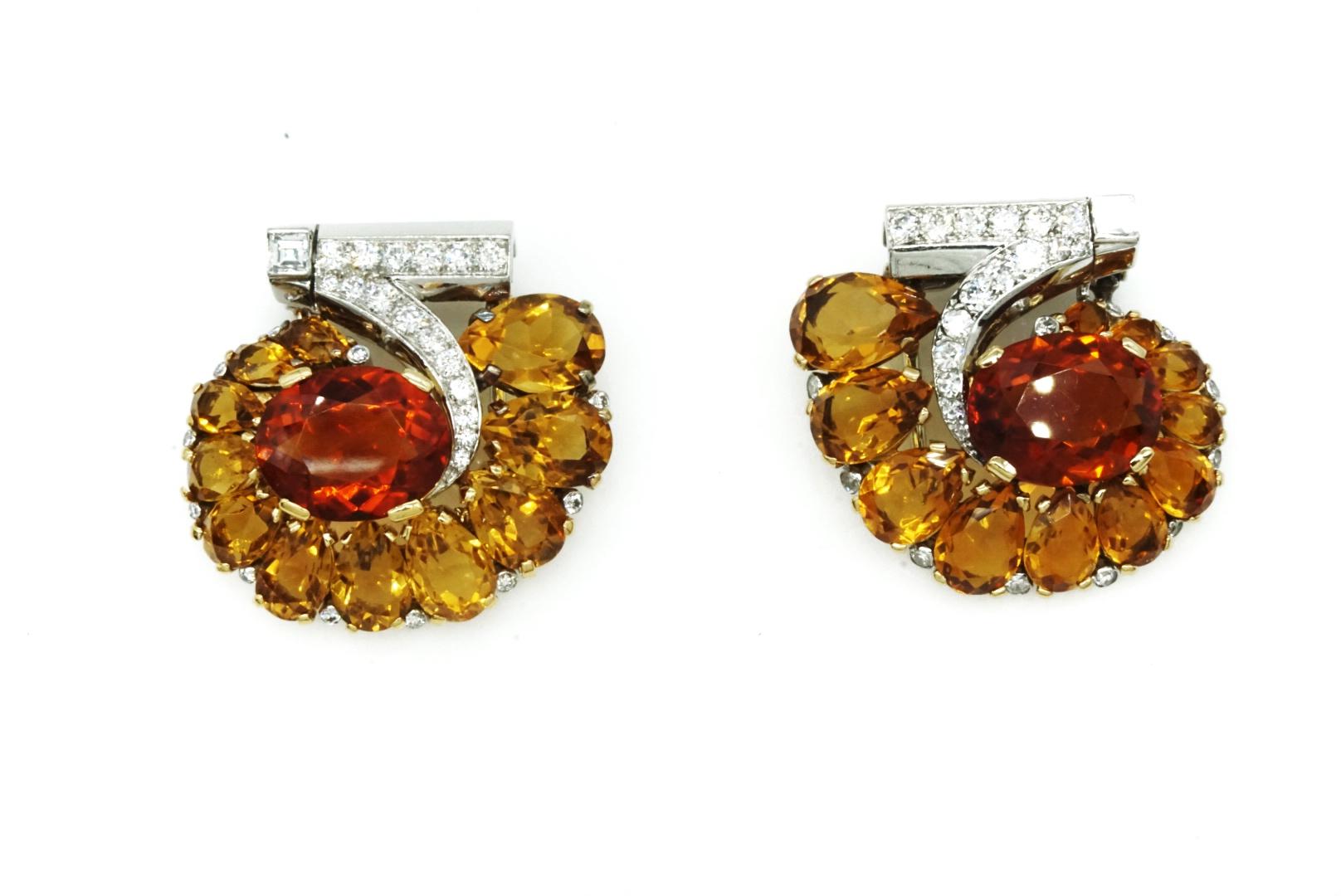 Brilliant Cut Rare Cartier 1936 Double Citrines and Diamonds Clips