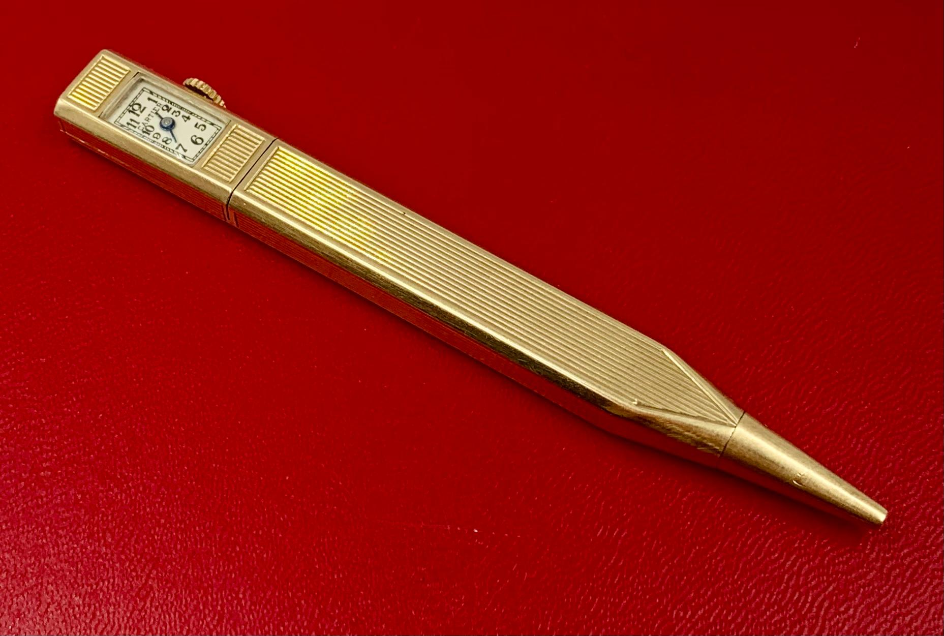 Rare Cartier Art Deco 14K Yellow Gold Retractable Pencil Watch, 1920's For Sale 9