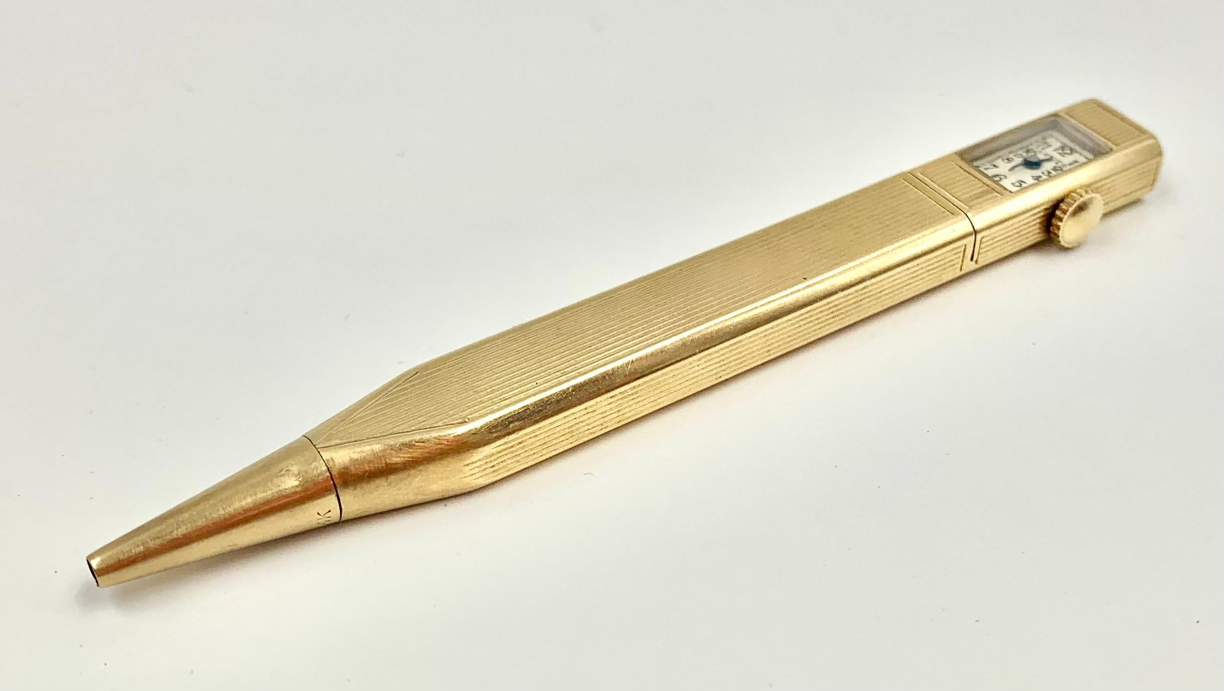 Women's or Men's Rare Cartier Art Deco 14K Yellow Gold Retractable Pencil Watch, 1920's For Sale