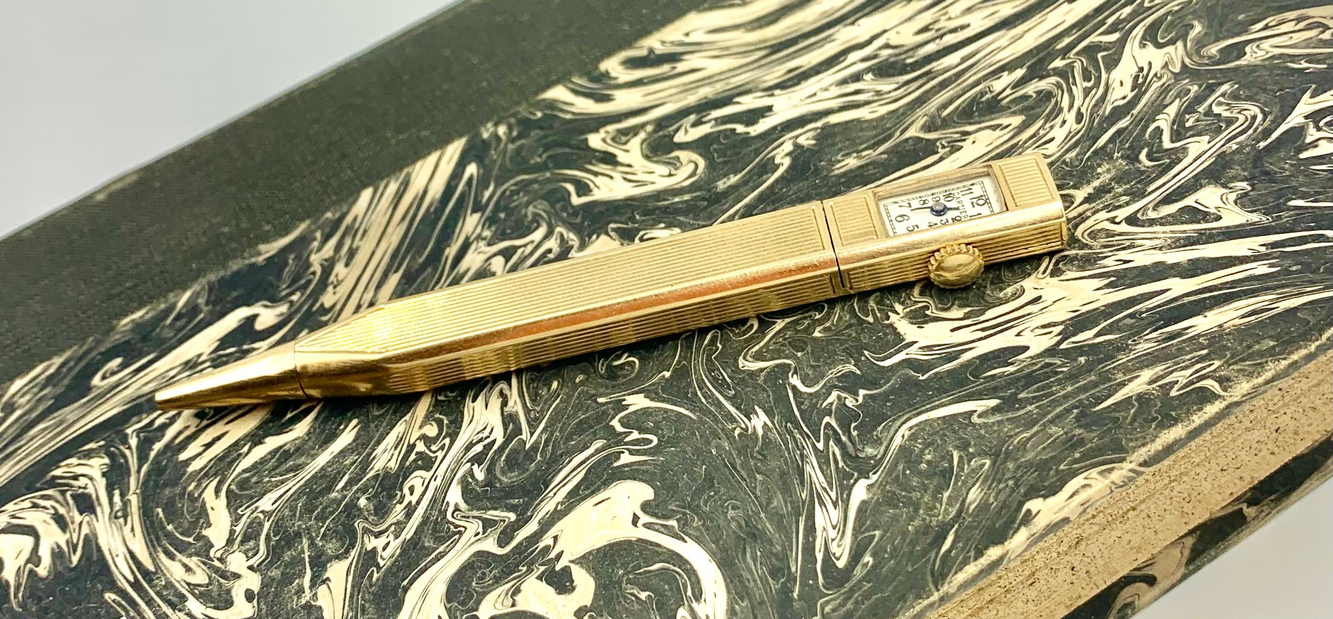 Rare Cartier Art Deco 14K Yellow Gold Retractable Pencil Watch, 1920's For Sale 3