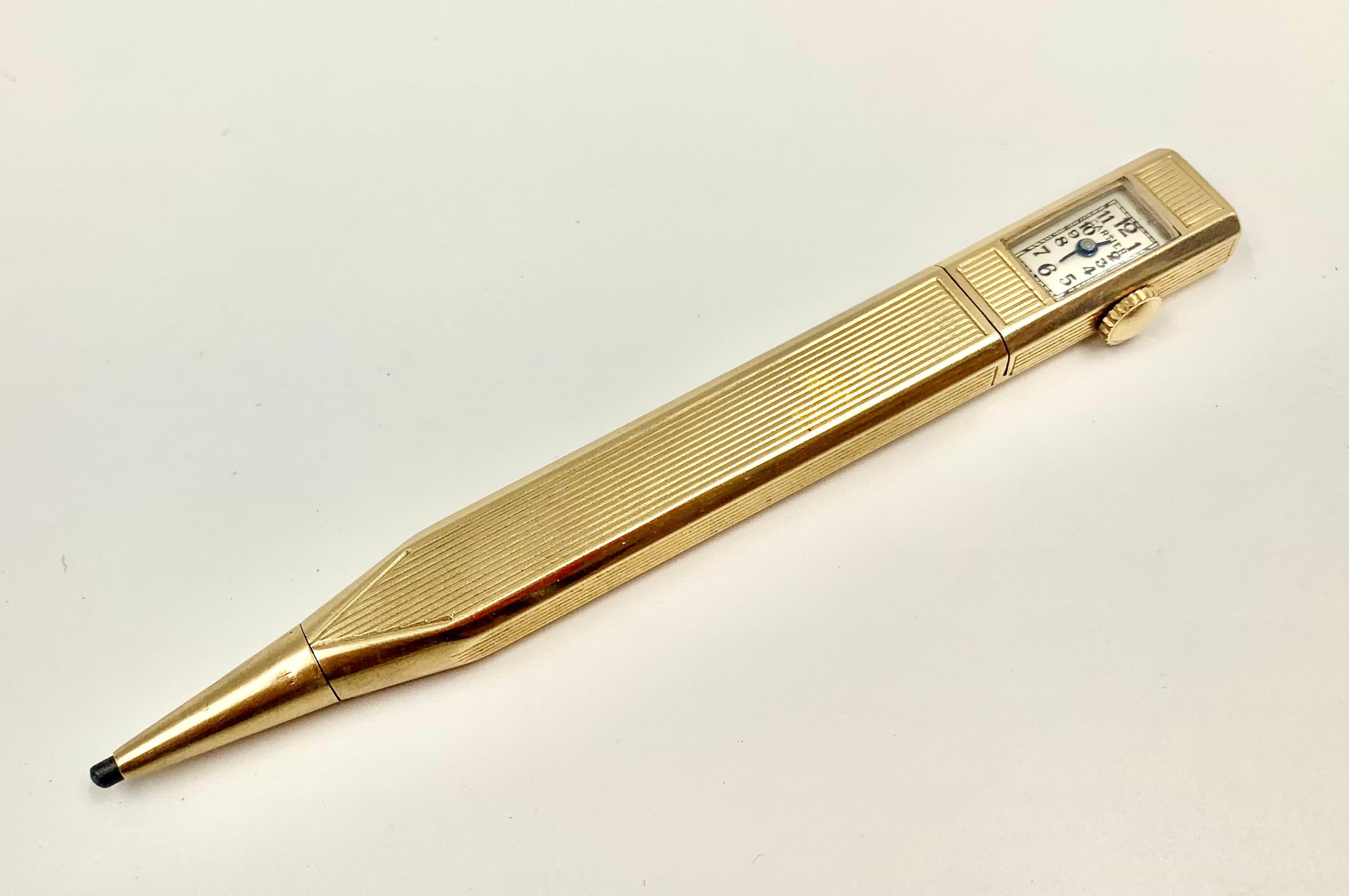 Rare Cartier Art Deco 14K Yellow Gold Retractable Pencil Watch, 1920's For Sale 4