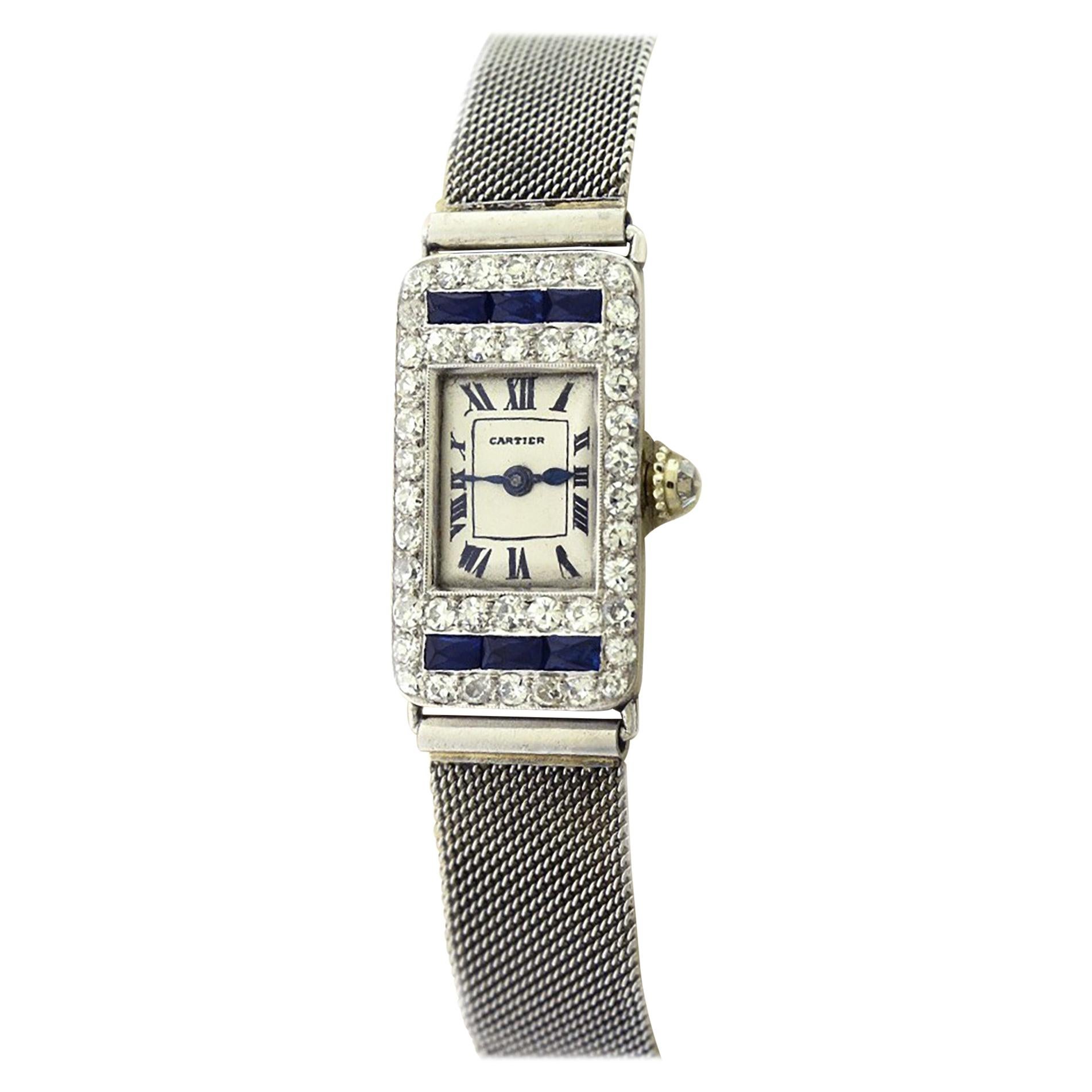 Rare Cartier Art Deco Rectangle Diamond Sapphire Platinum with Watch Strap 