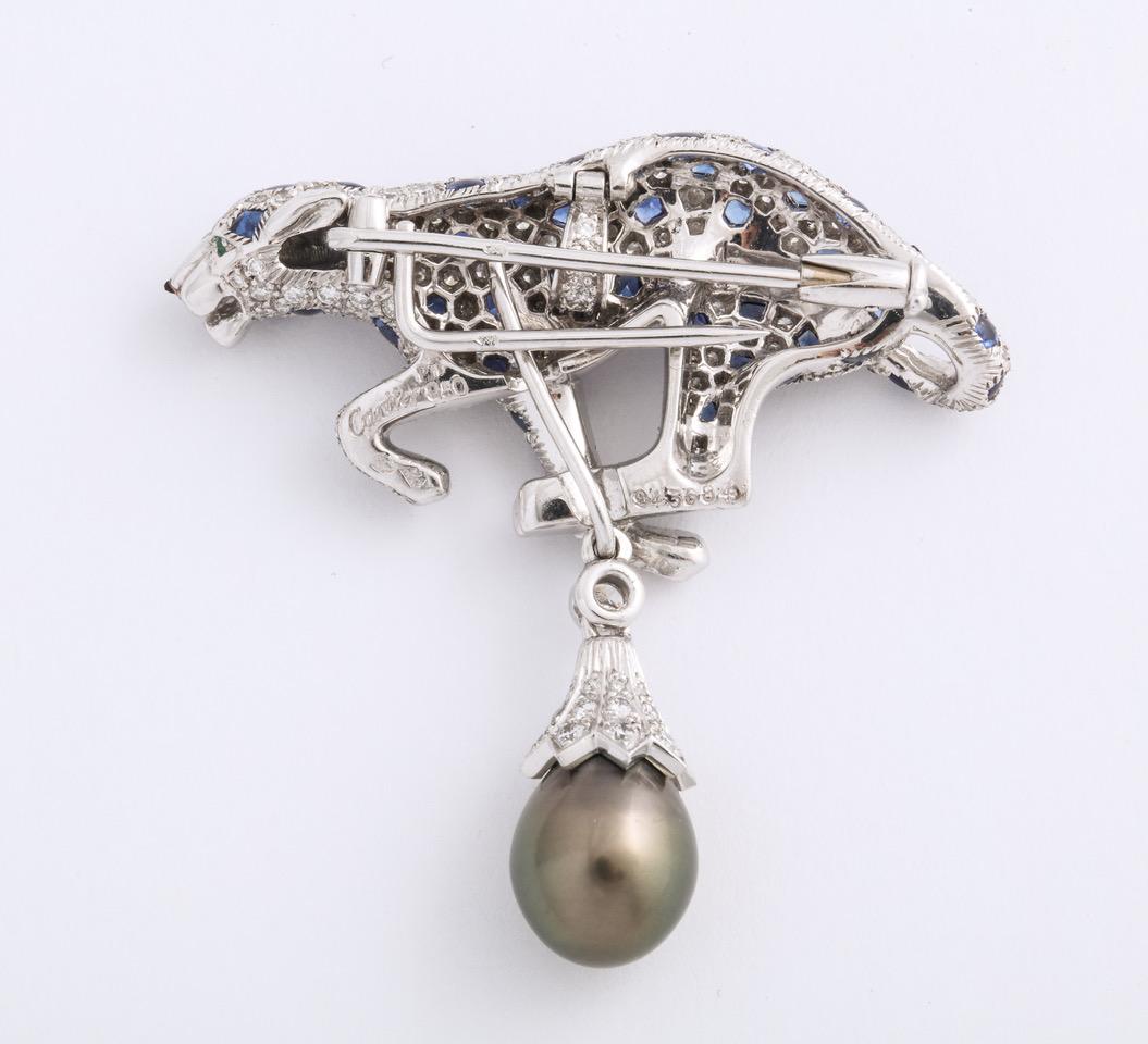 Rare Cartier Panther Diamond Sapphire Tahitian Pearl  Pin In Excellent Condition In New York, NY