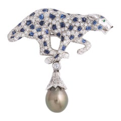 Rare Cartier Panther Diamond Sapphire Tahitian Pearl  Pin