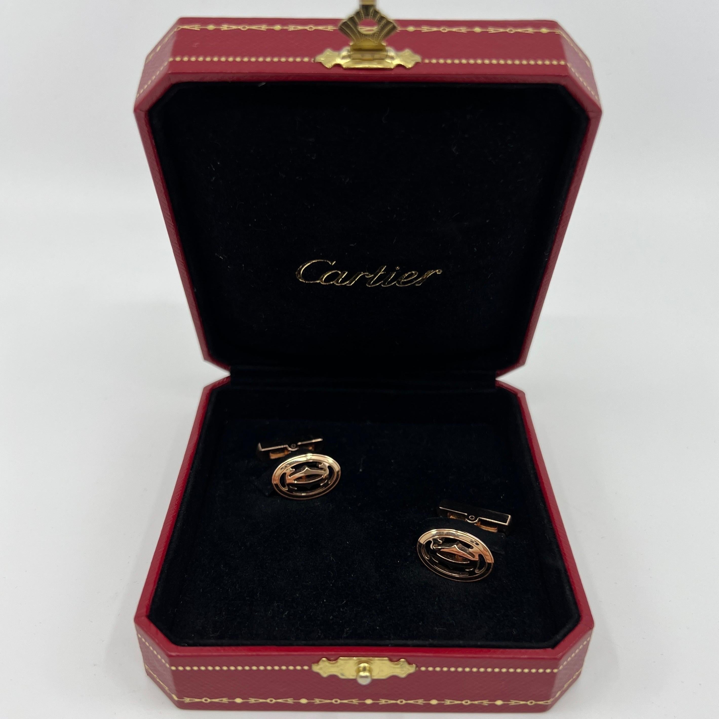 Rare Cartier Double C De Cartier 18k Rose Gold Cufflinks.

Beautiful pair of cufflinks, created in Paris by Cartier, these pieces have been crafted in solid 18k rose gold and are fitted with hinged tensions T bars.

Weight: 15.2 Grams
Head