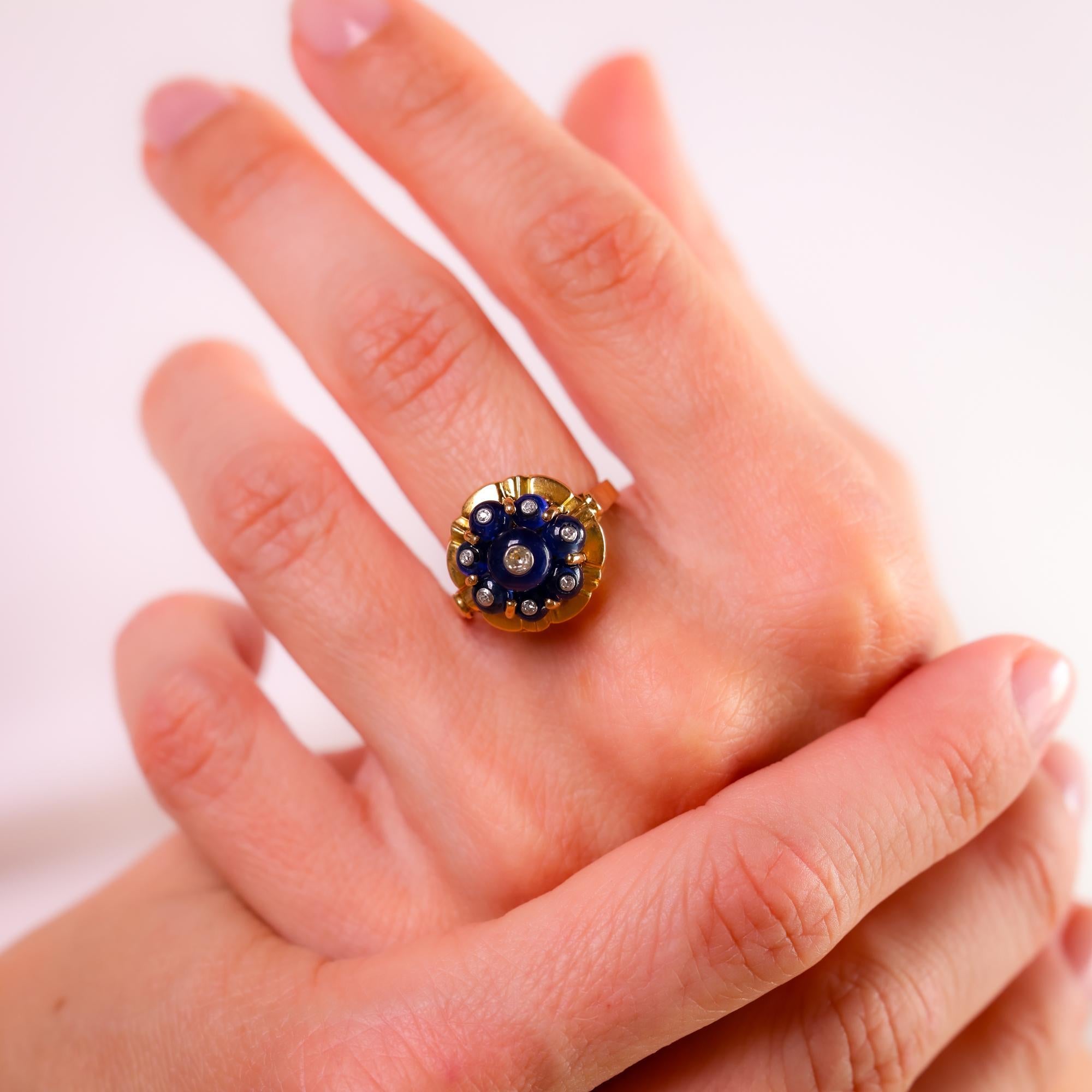 Cabochon Rare Cartier French sapphire diamond 18k yellow gold ring