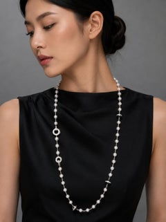 Rare Cartier Himalia 18K White Gold Pearl Onyx & Diamond Long Station Necklace