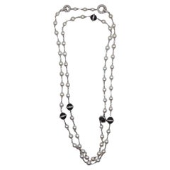 Rare Cartier Himalia 18K White Gold Pearl Onyx & Diamond Long Station Necklace