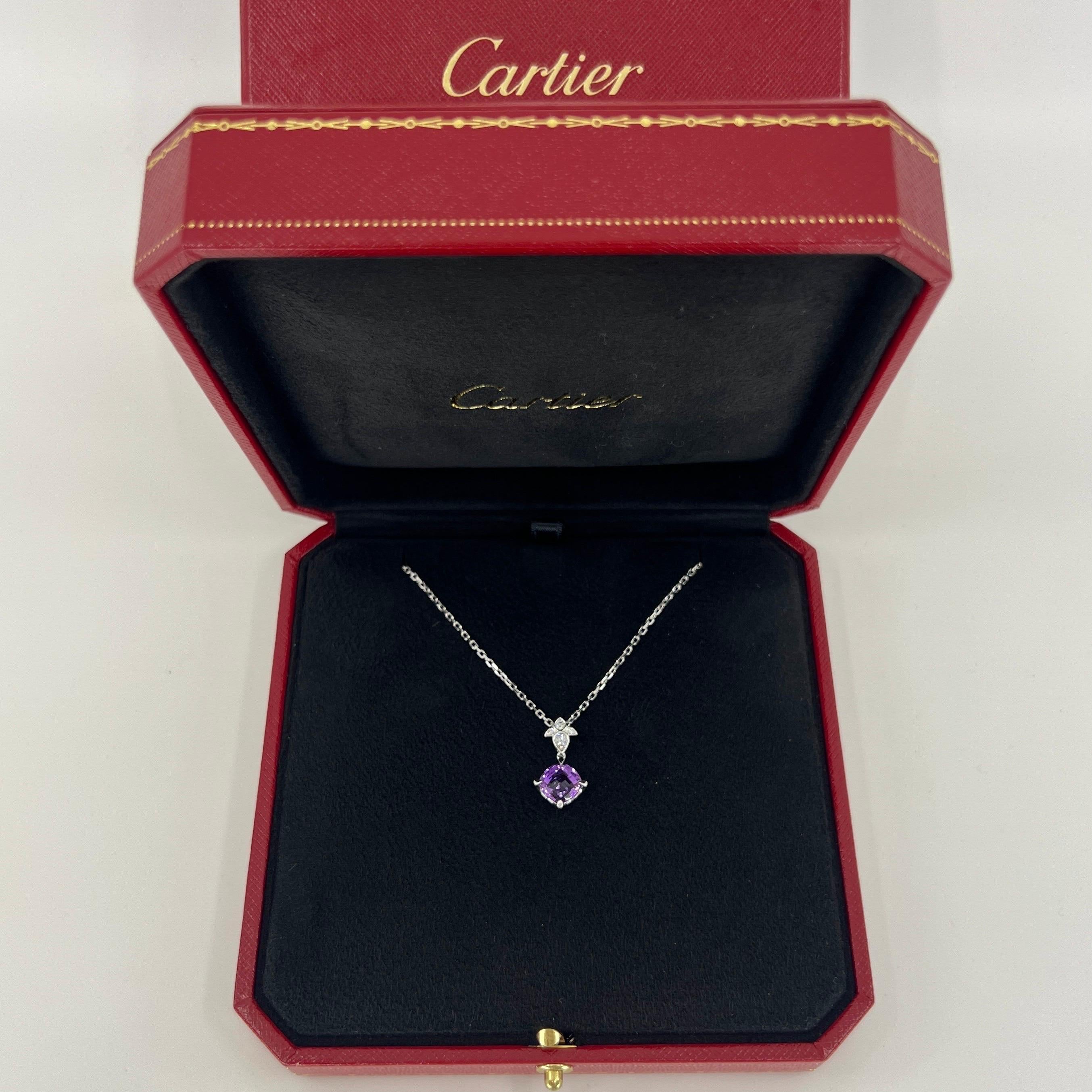 Cushion Cut Rare Cartier Inde Mysterieuse Purple Amethyst Diamond 18k White Gold Necklace For Sale