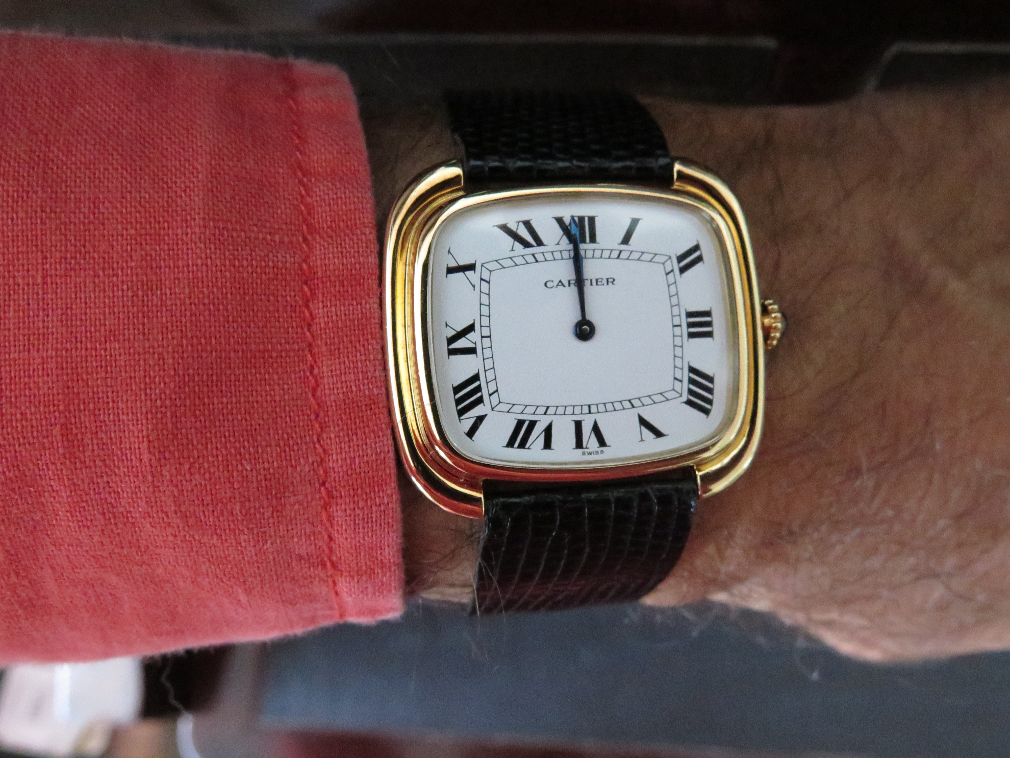 Rare Cartier jumbo TV screen watch, 18k gold. Original strap, buckle, ca' 1970's. Fresh service by Cartier. 