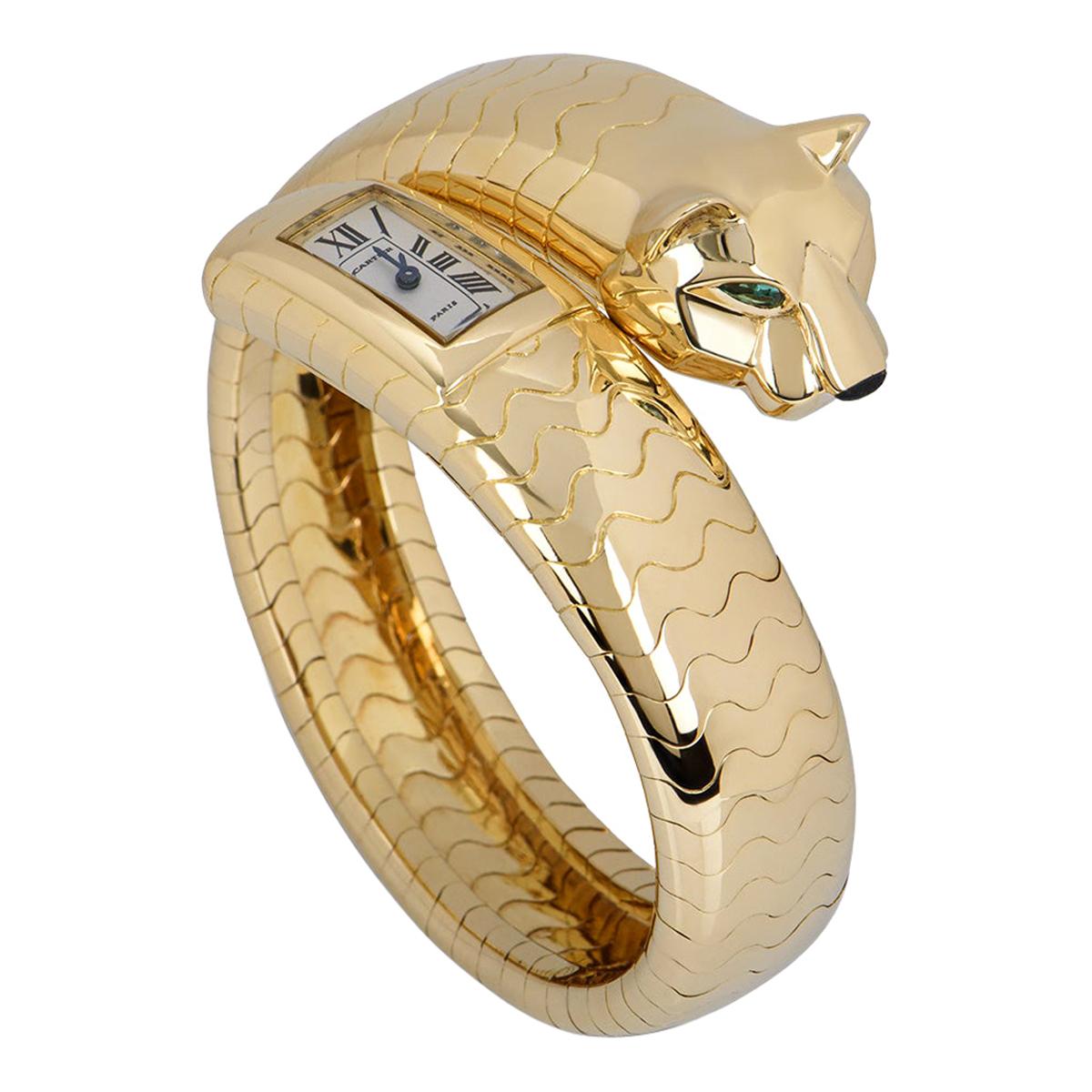 Rare Cartier Panthere Figurative Lakarda Yellow Gold Emerald & Onyx Set Watch