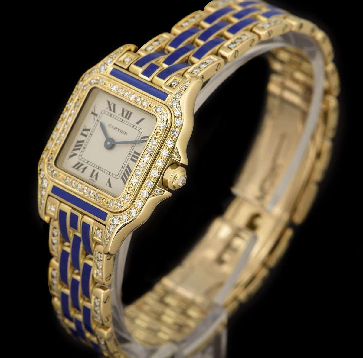 A very rare 22 mm Panthere women's wristwatch, by Cartier. 

This stunning timepiece displays time on a silver dial, behind a sapphire crystal.

This is a stunning timepiece, crafted from 18k yellow gold, featuring a fixed bezel set with 36 round
