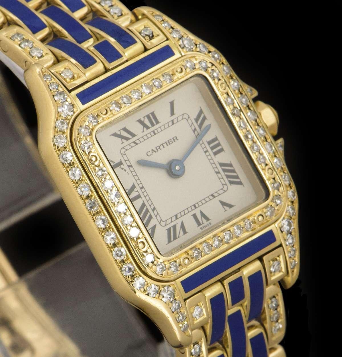 Round Cut Rare Cartier Panthere Yellow Gold, Diamond Set & Silver Dial Enamel Watch