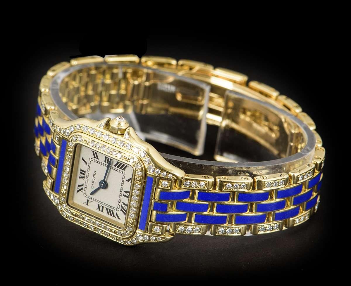 Women's Rare Cartier Panthere Yellow Gold, Diamond Set & Silver Dial Enamel Watch