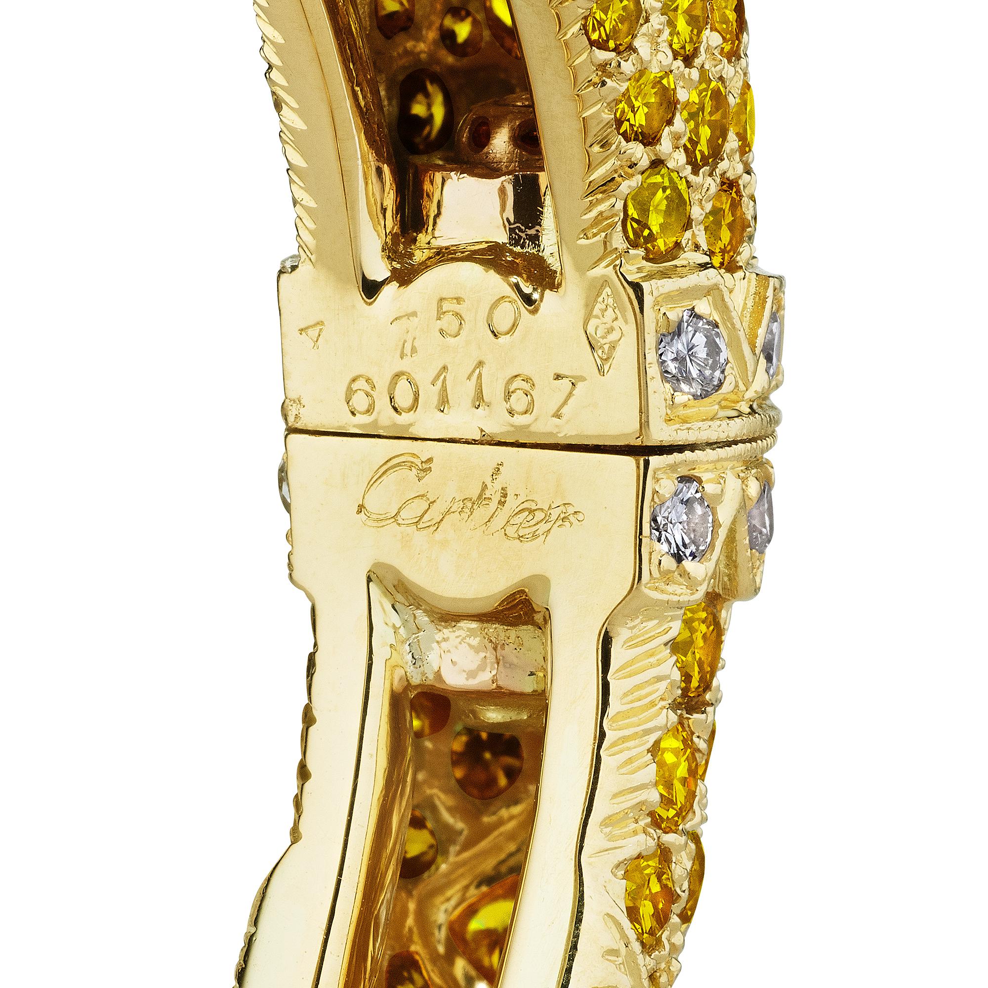 Rare Cartier Paris Chimera Vintage Yellow White Diamond Emerald Hinged Bracelet In Excellent Condition In Greenwich, CT