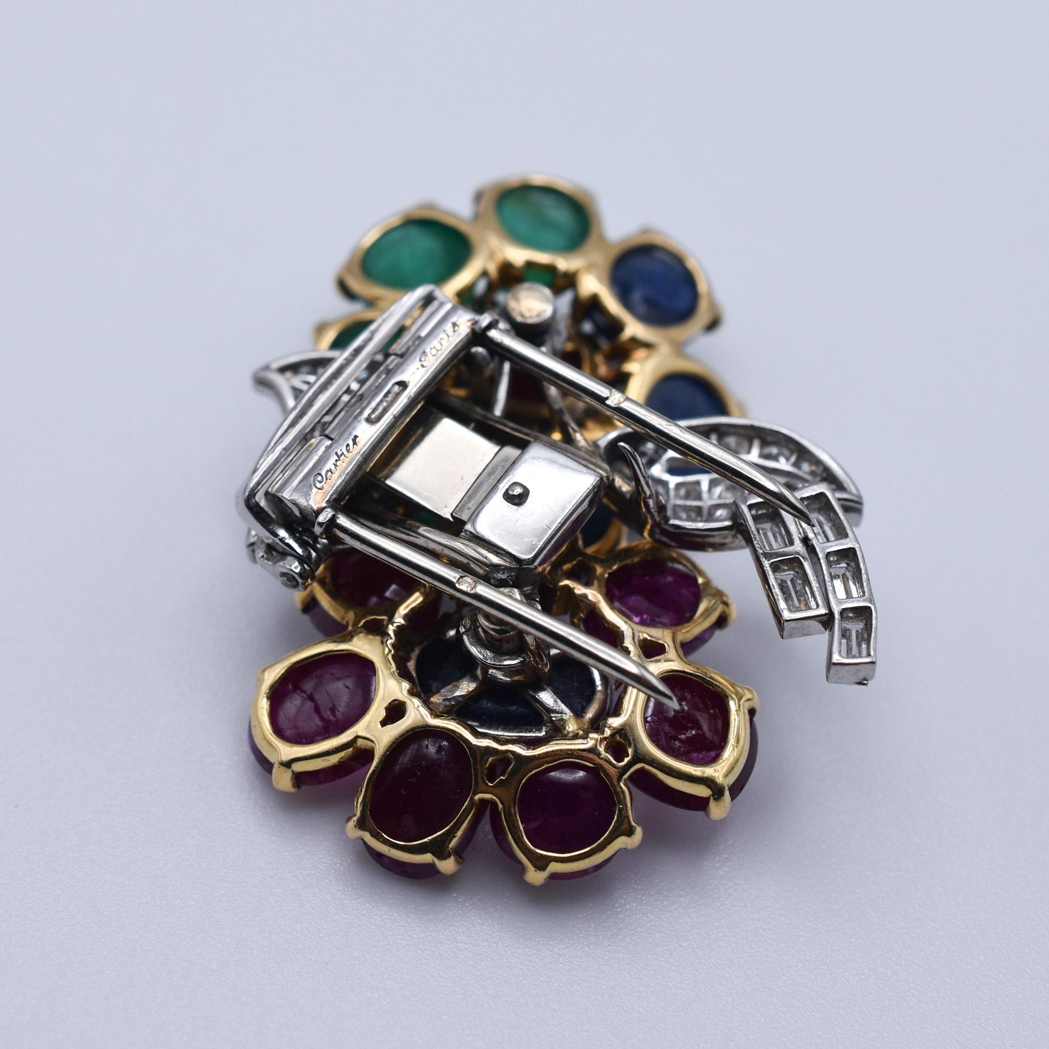 Rare Cartier Ruby, Emerald, Sapphire and Diamond Brooch In Excellent Condition In New York, NY