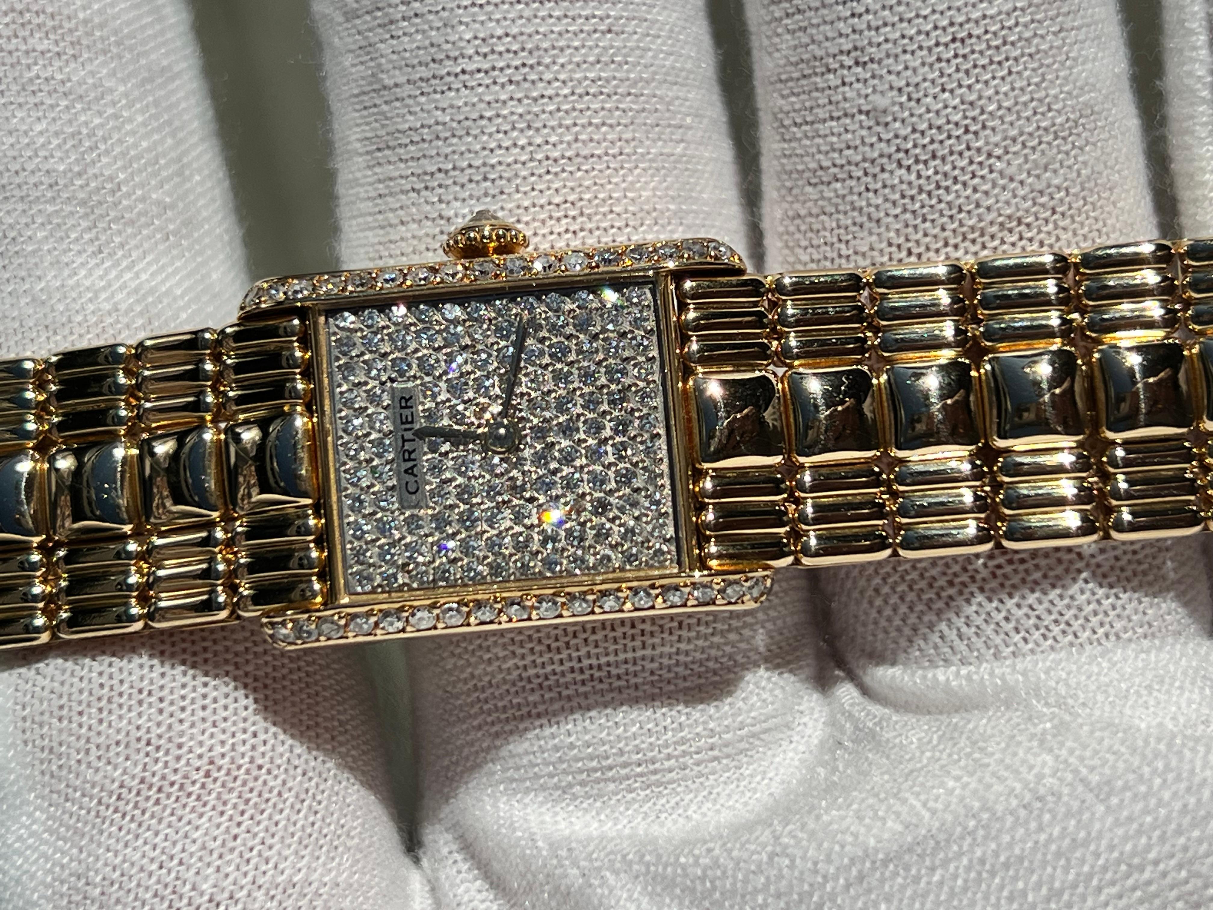 RARE Cartier Tank Louis Pave Diamond Dial & Bezel 18K Yellow Gold Box Papers 10