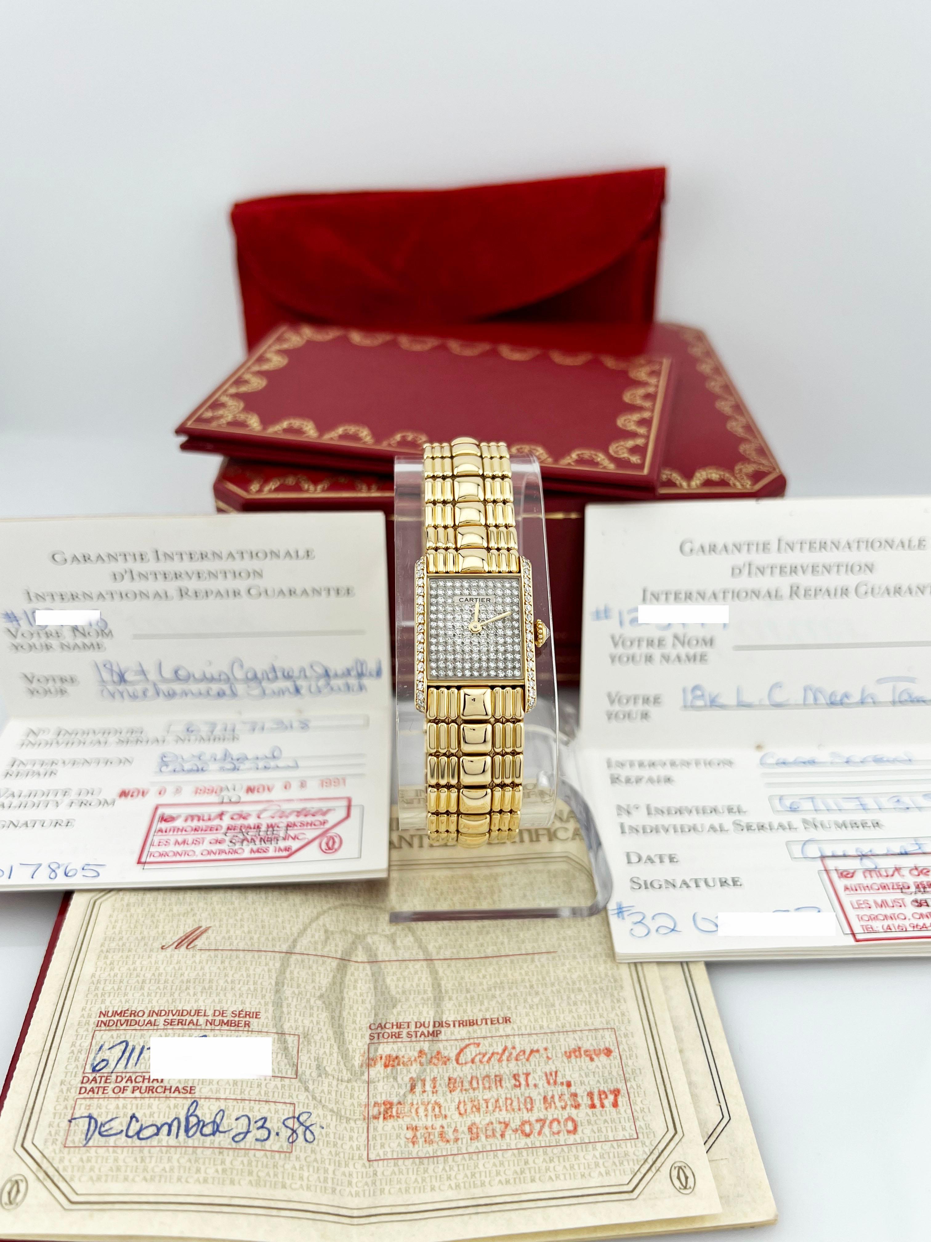 RARE Cartier Tank Louis Pave Diamond Dial & Bezel 18K Yellow Gold Box Papers In Excellent Condition In San Diego, CA