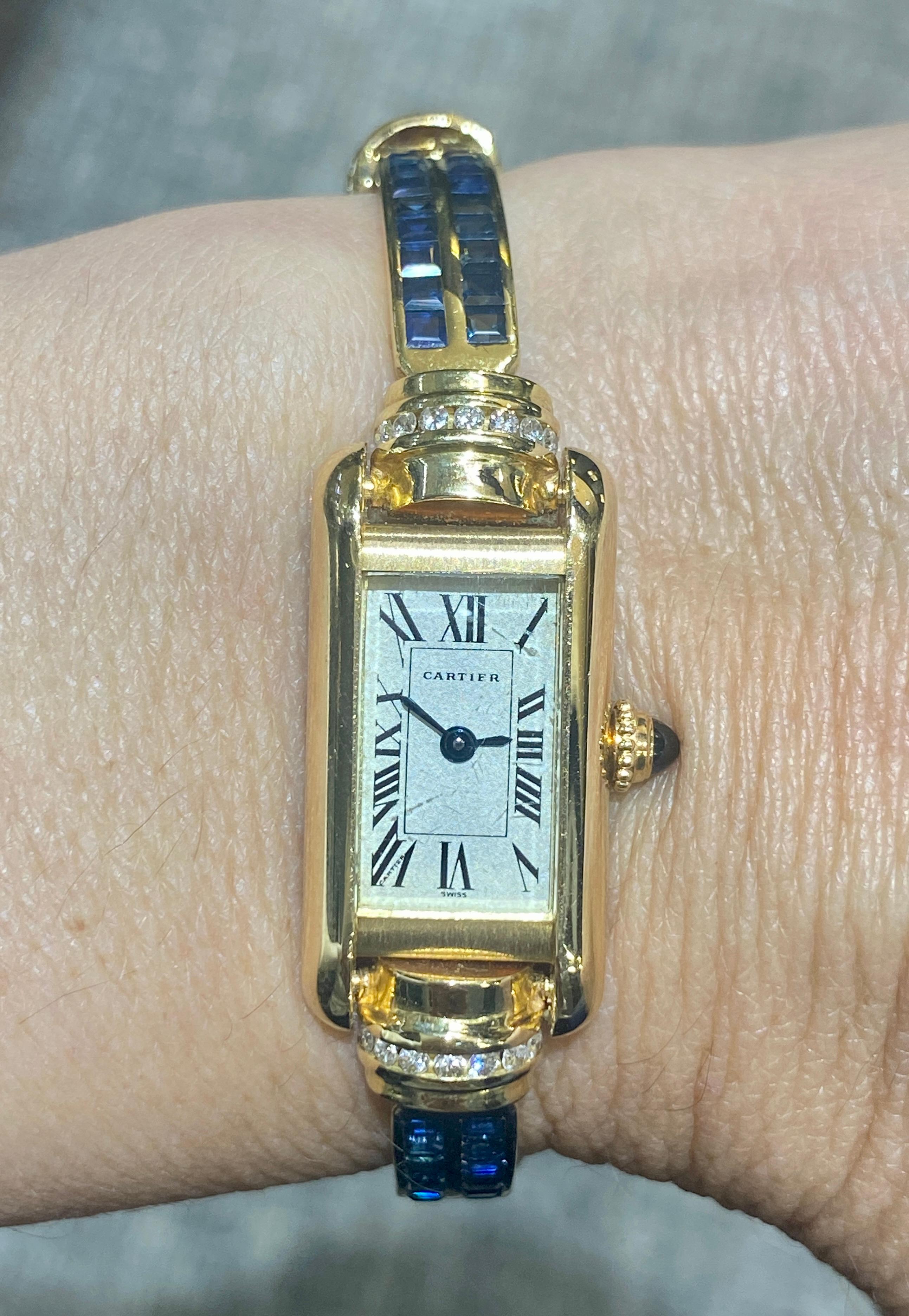 Contemporary Rare Cartier Tank watch with jewelled bracelet For Sale