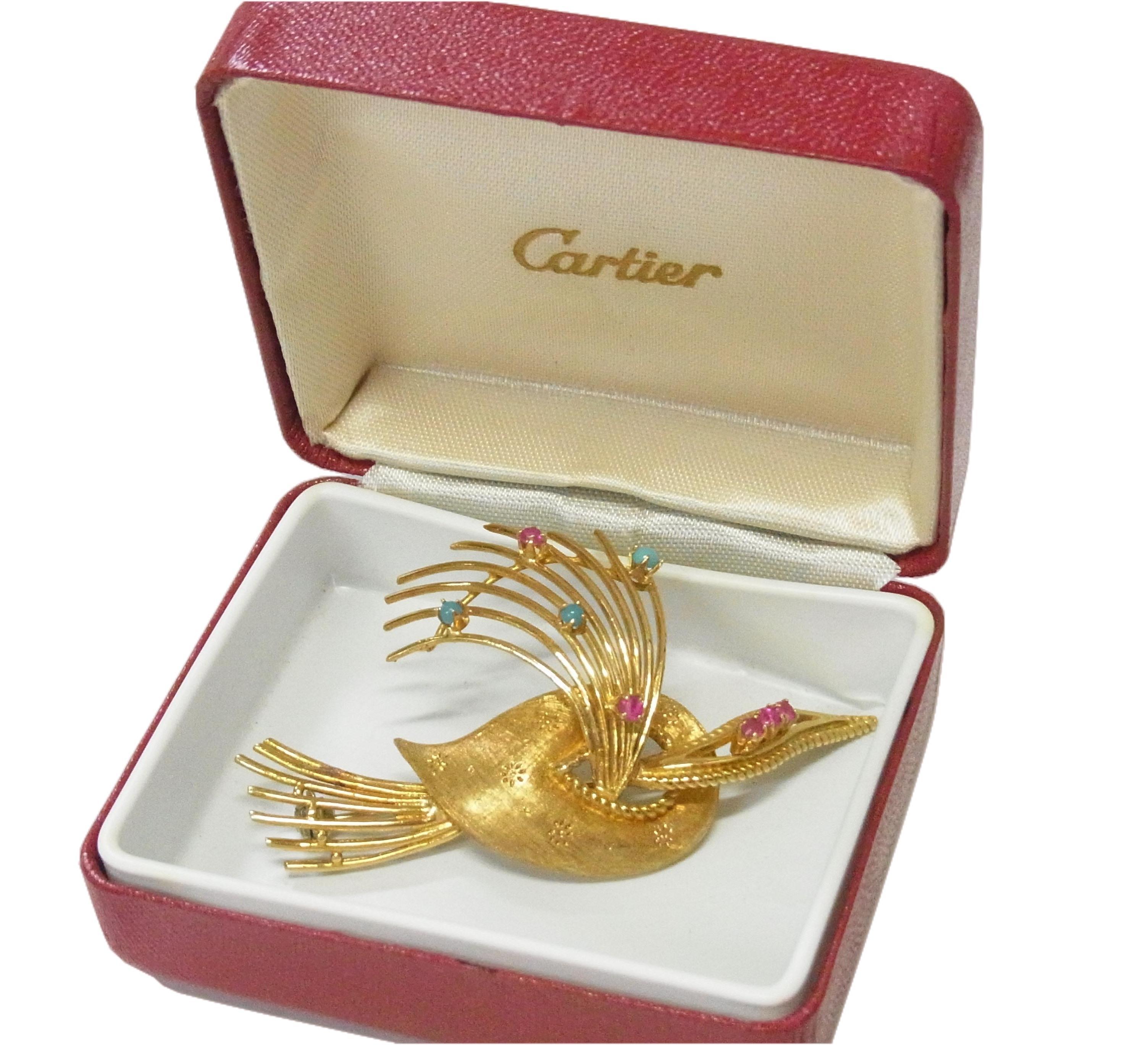 Round Cut Rare Cartier Vintage 18 Karat Yellow Gold Ruby Turquoise 2.4 Inch Spray Brooch  For Sale