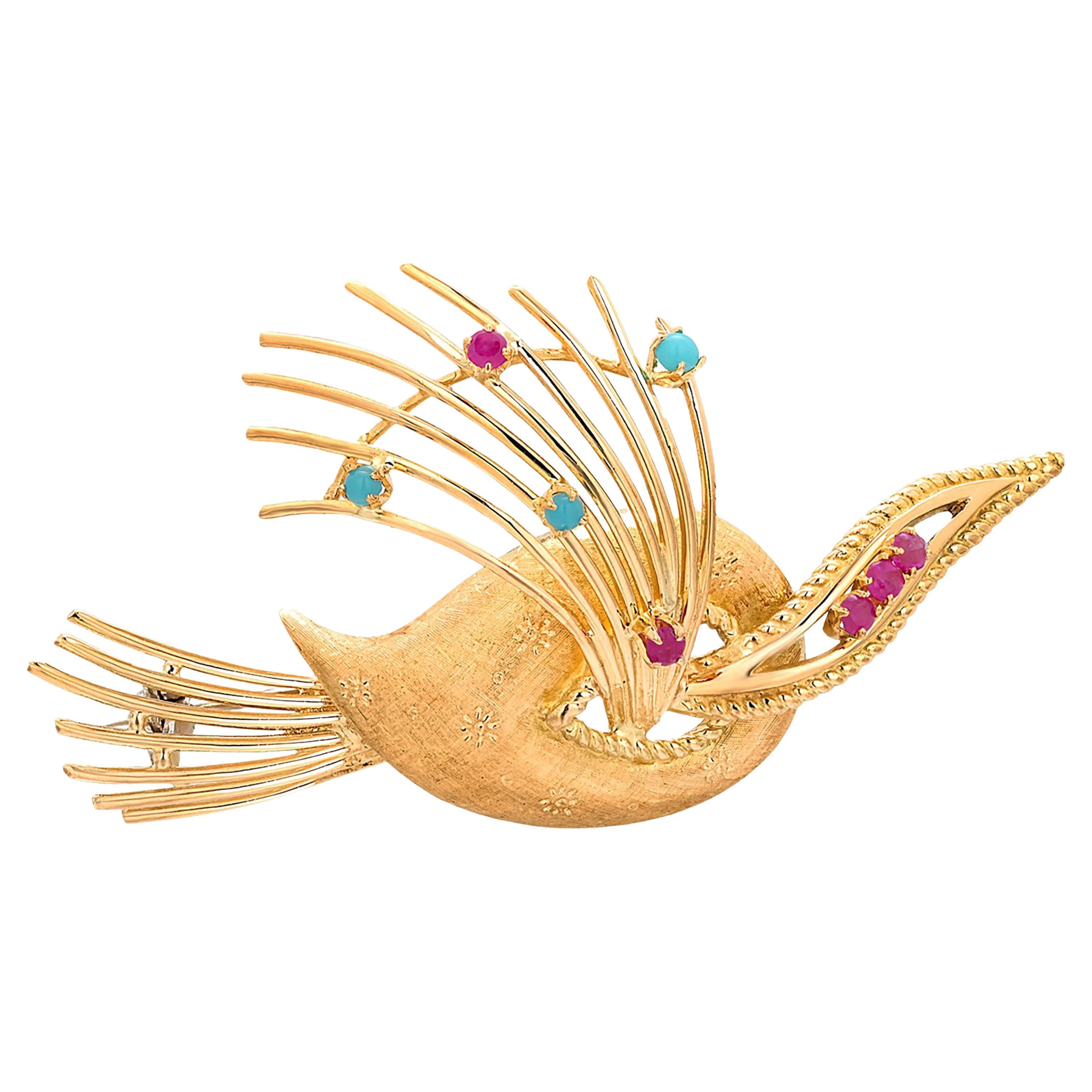 Retro Rare Cartier Vintage 18 Karat Yellow Gold Ruby Turquoise 2.4 Inch Spray Brooch