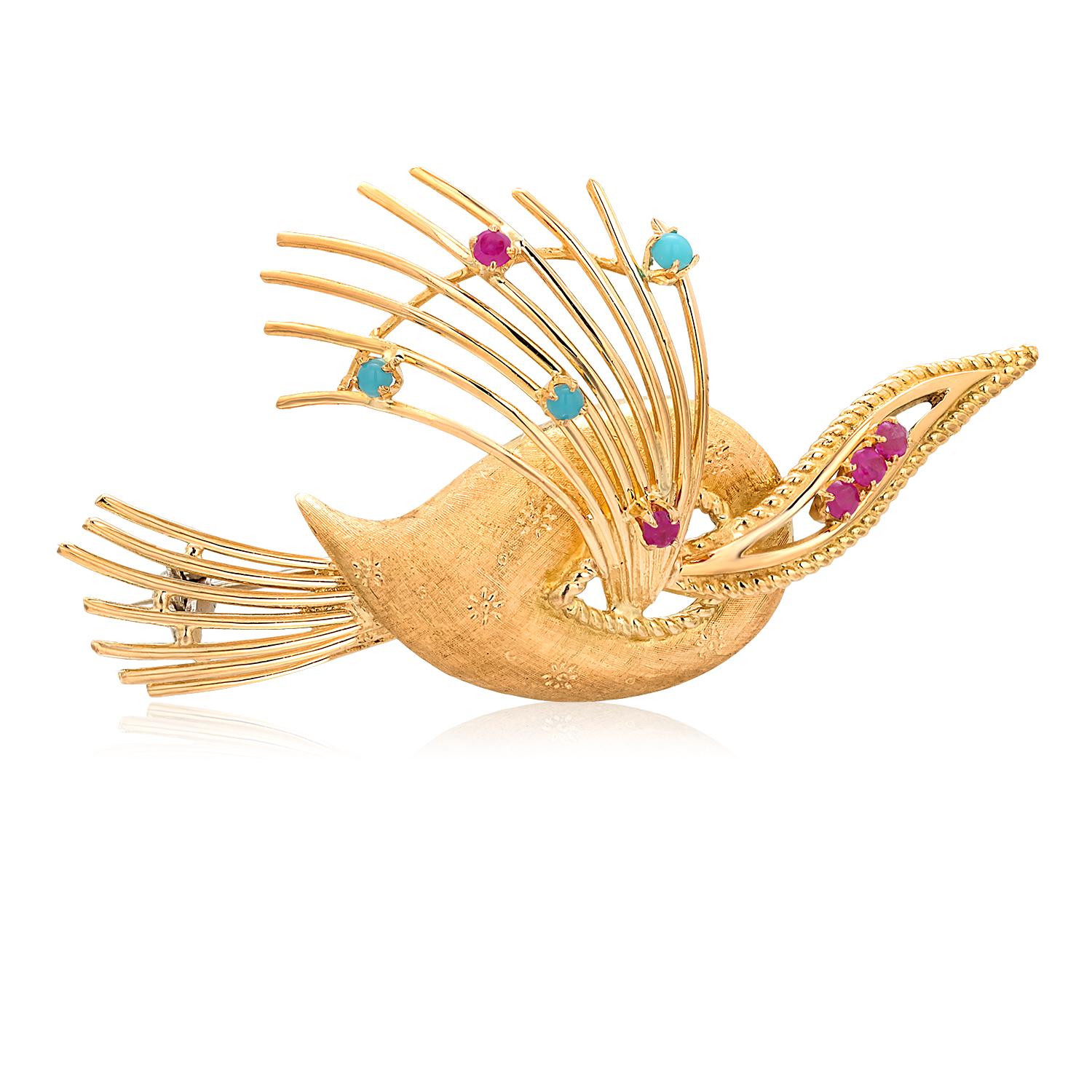 Rare Cartier Vintage 18 Karat Yellow Gold Ruby Turquoise 2.4 Inch Spray Brooch  For Sale 3