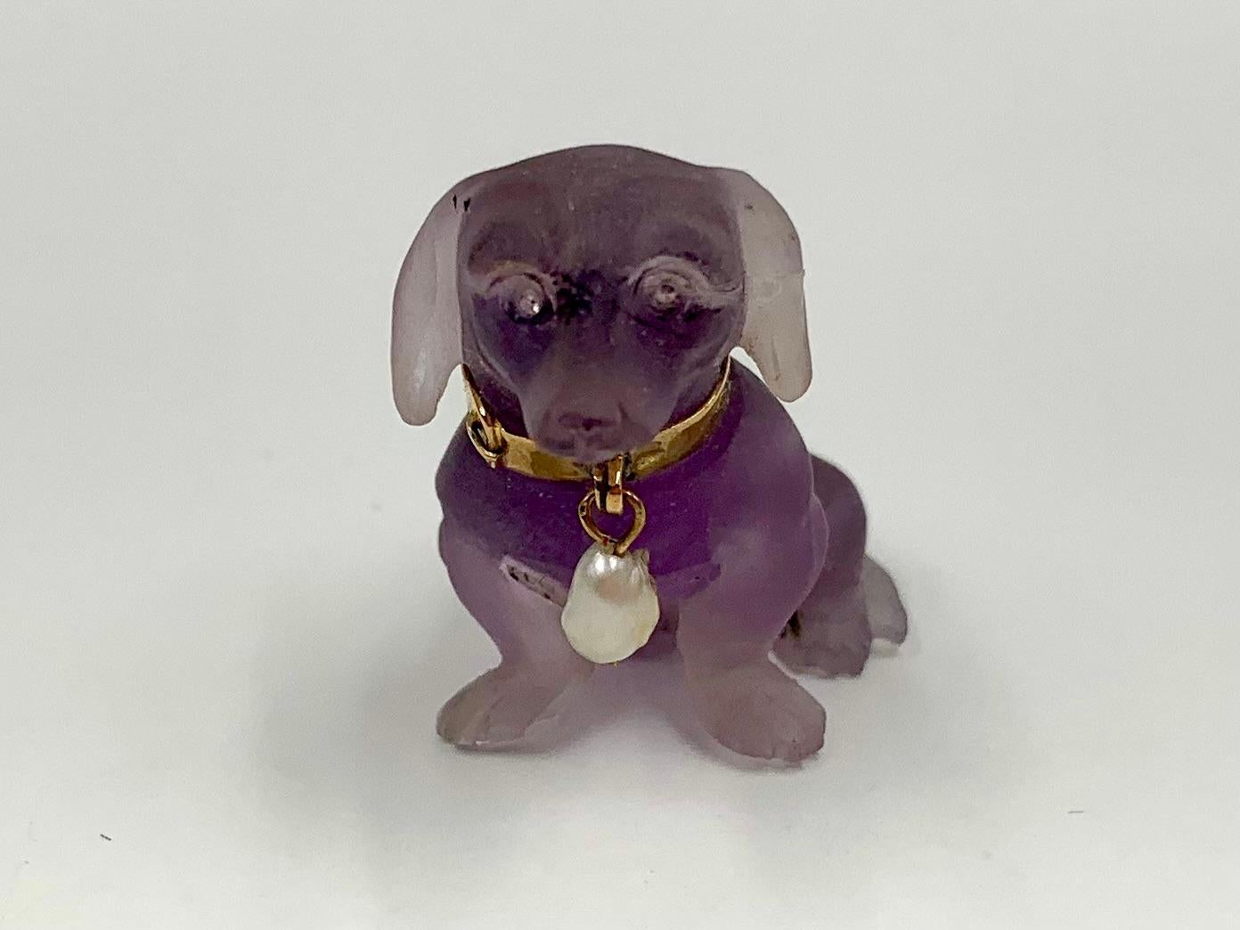 Seltene geschnitzt Amethyst Diamant natürliche Perle 18K Gelbgold Dackel im Angebot 4