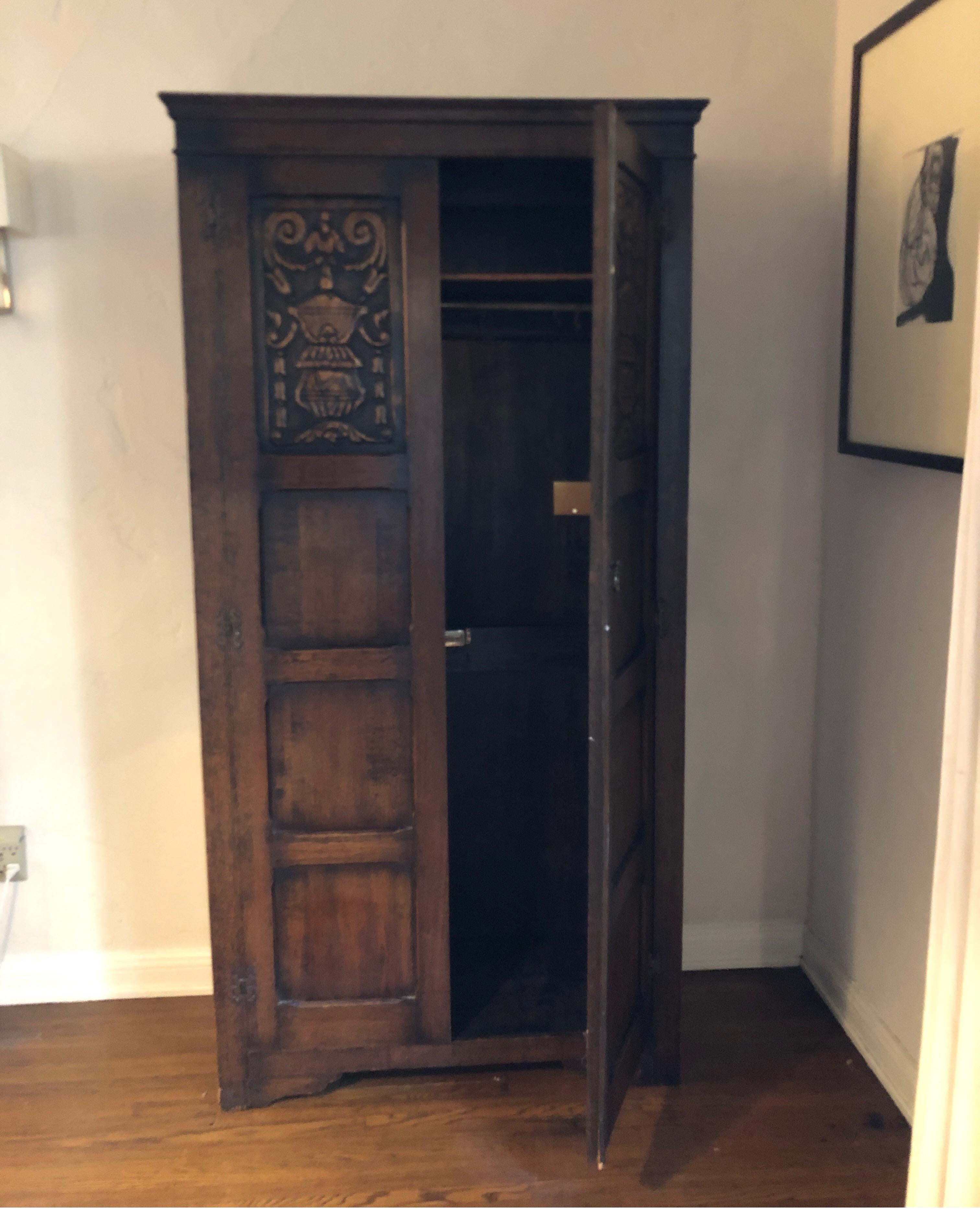 Rare solid antique camphor wood cabinet with original iron bar and hooks for hanging clothing/coats with shelf along the top. Doors and hinges work smoothly. Do not have the key so it remains unlocked.
Minor blemishes due to age. See pics.