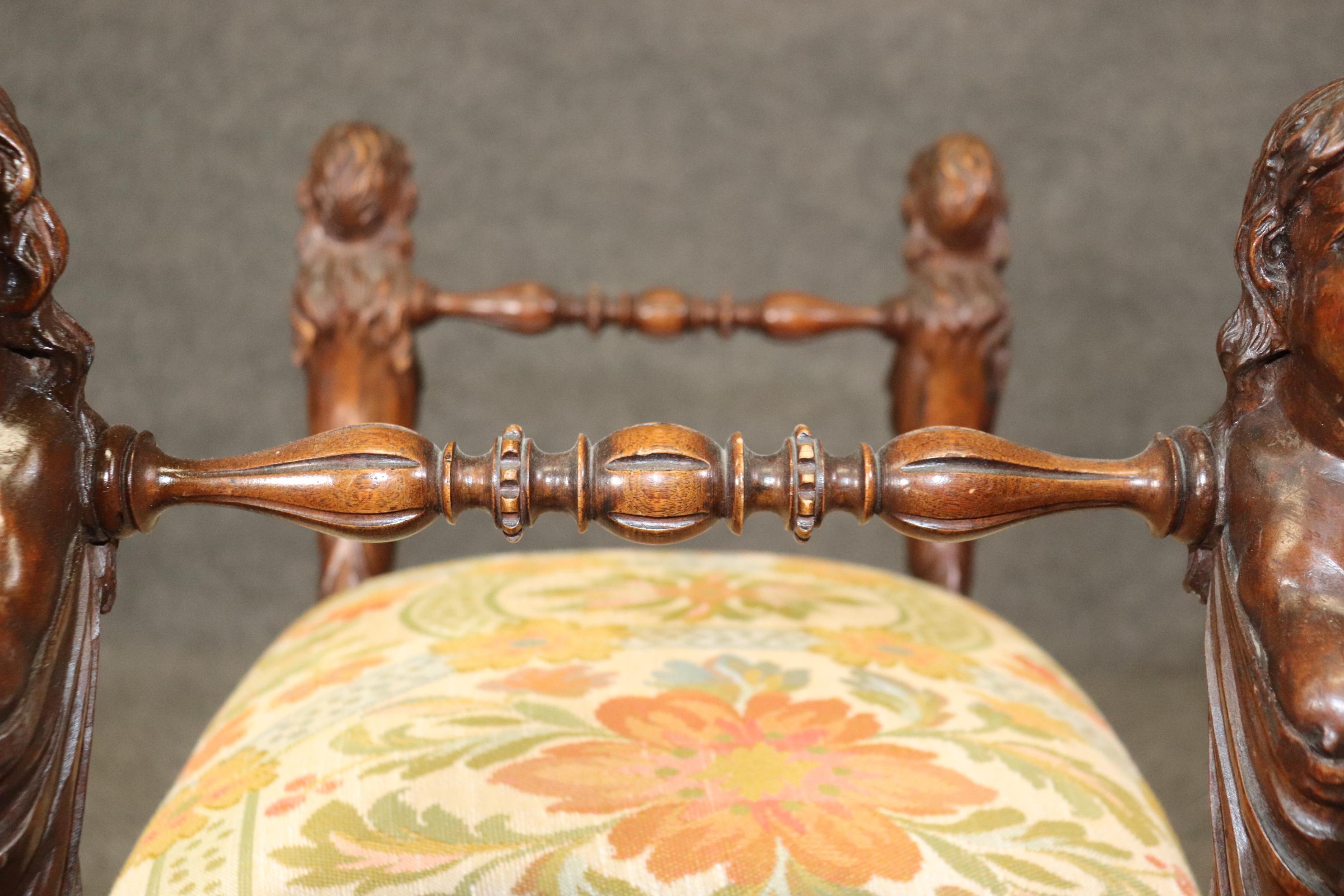 Rare Carved Figural Maiden Walnut Victorian Bench Stool Circa 1870 For Sale 4