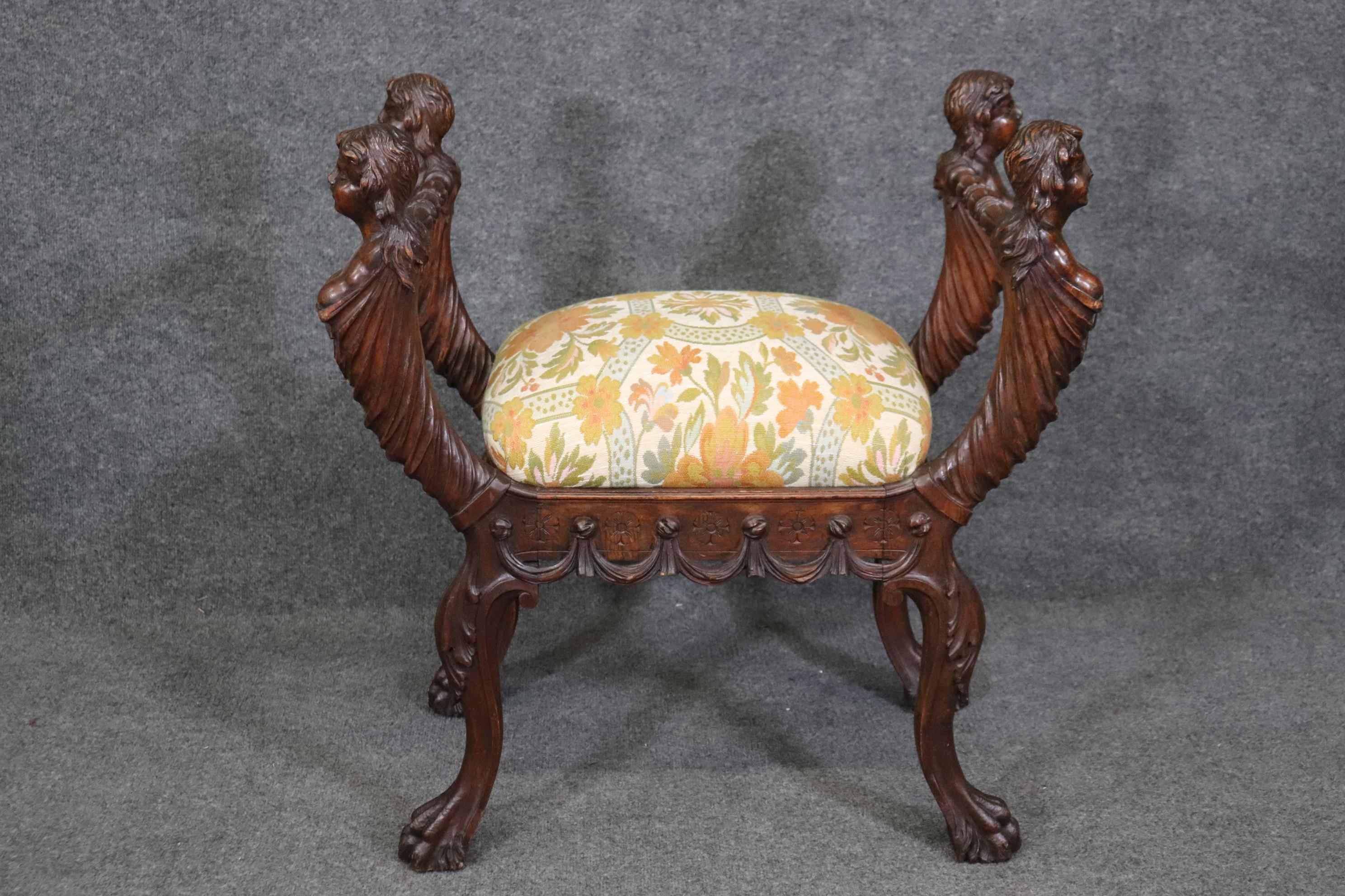 Late Victorian Rare Carved Figural Maiden Walnut Victorian Bench Stool Circa 1870 For Sale