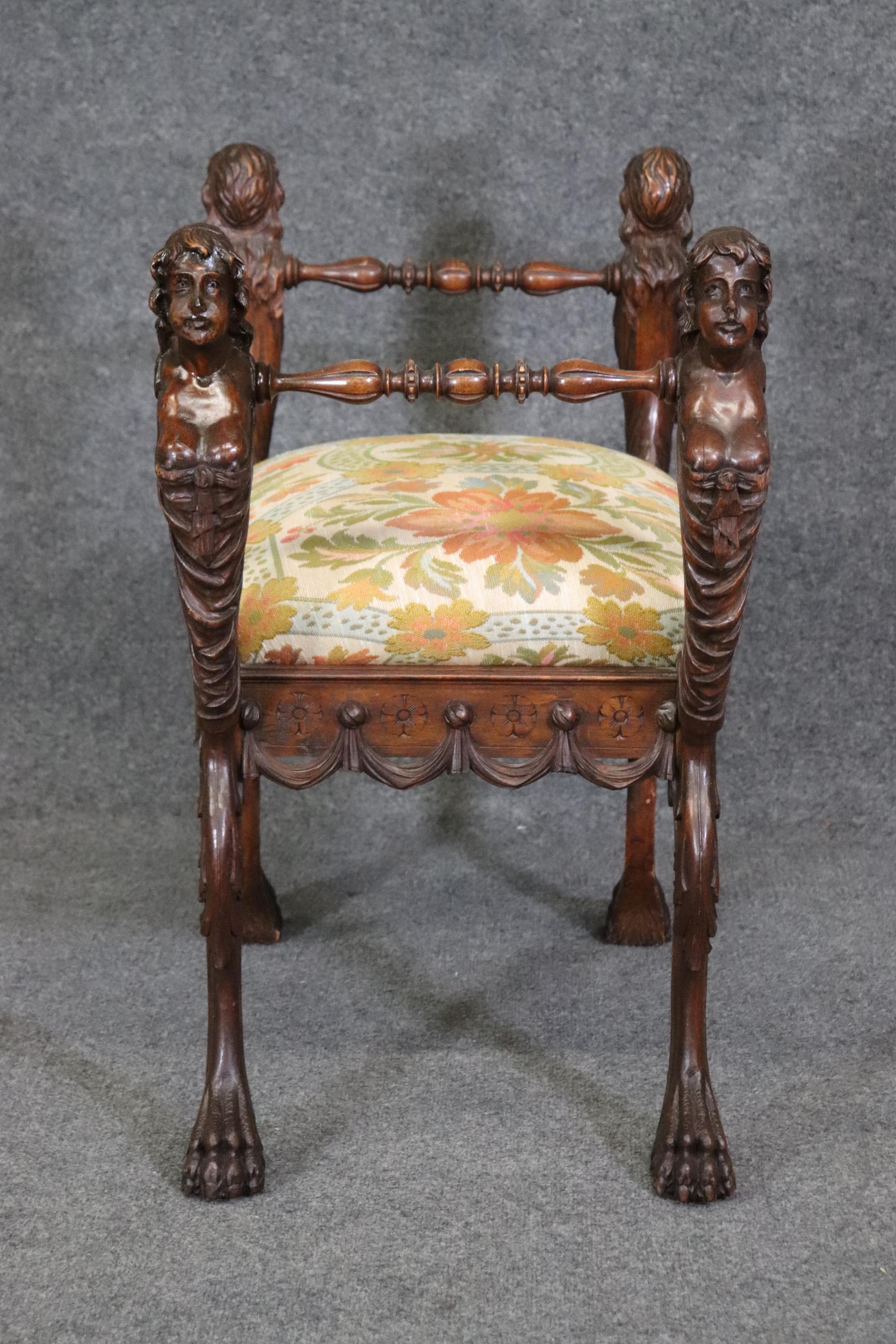 French Rare Carved Figural Maiden Walnut Victorian Bench Stool Circa 1870 For Sale