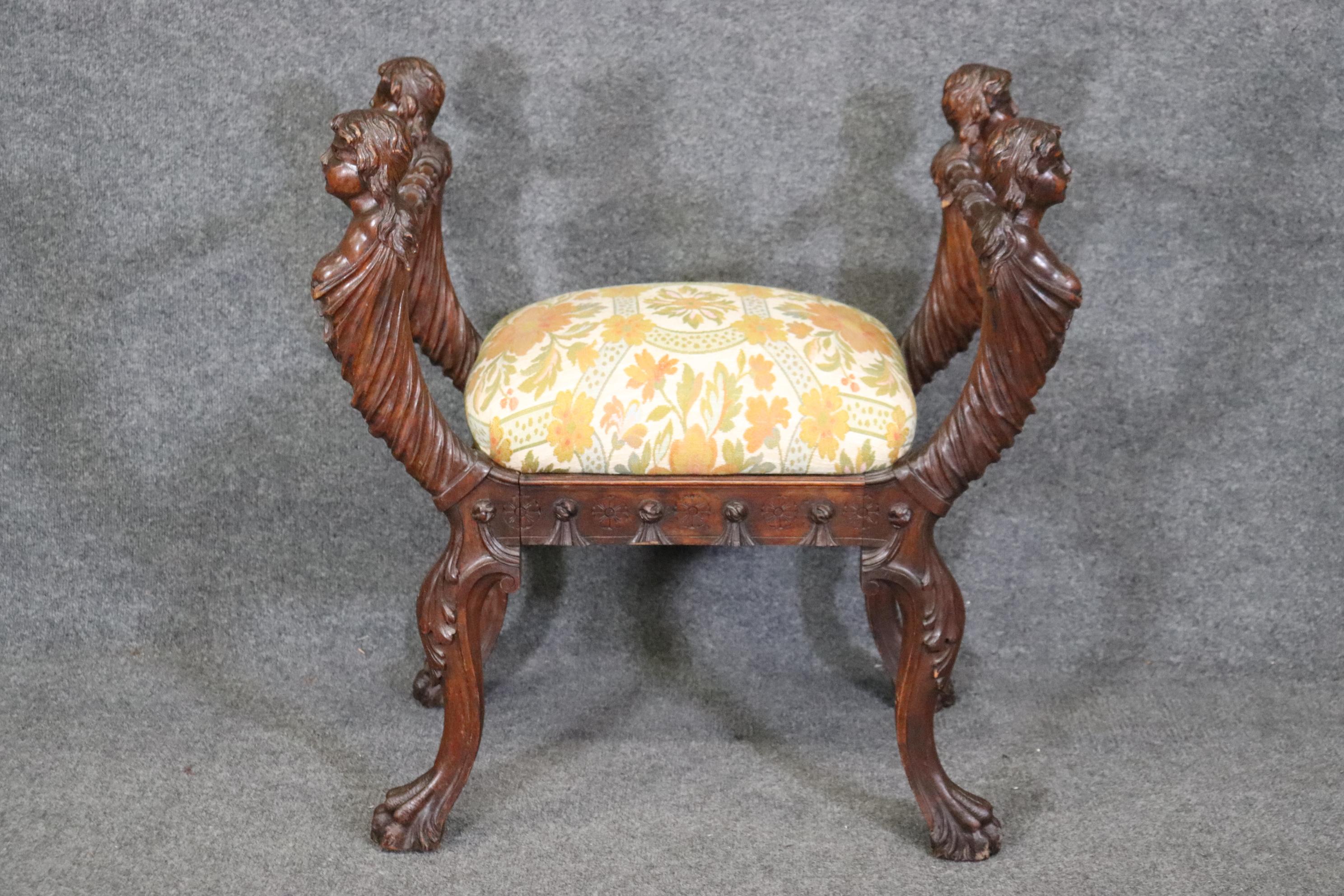 Rare Carved Figural Maiden Walnut Victorian Bench Stool Circa 1870 In Good Condition For Sale In Swedesboro, NJ