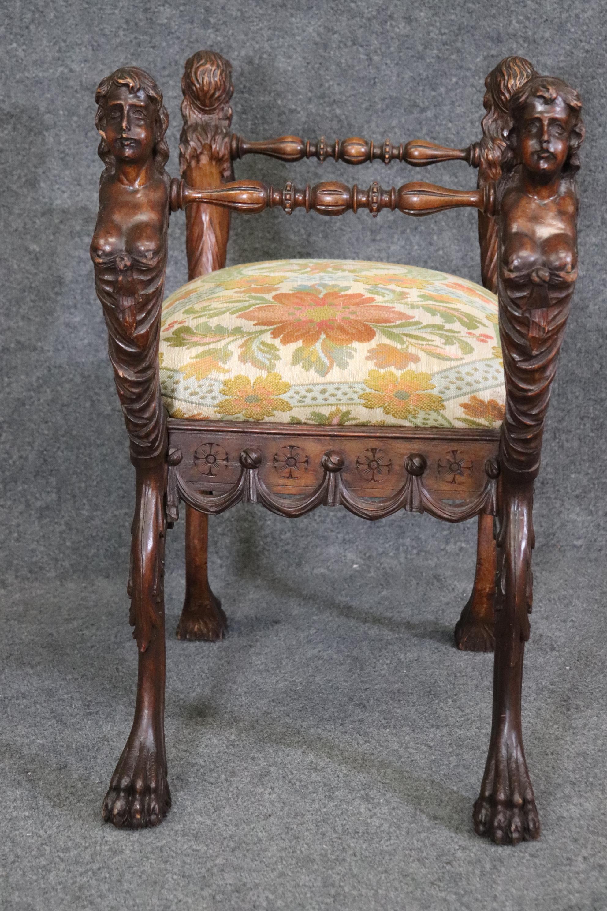 Late 19th Century Rare Carved Figural Maiden Walnut Victorian Bench Stool Circa 1870 For Sale