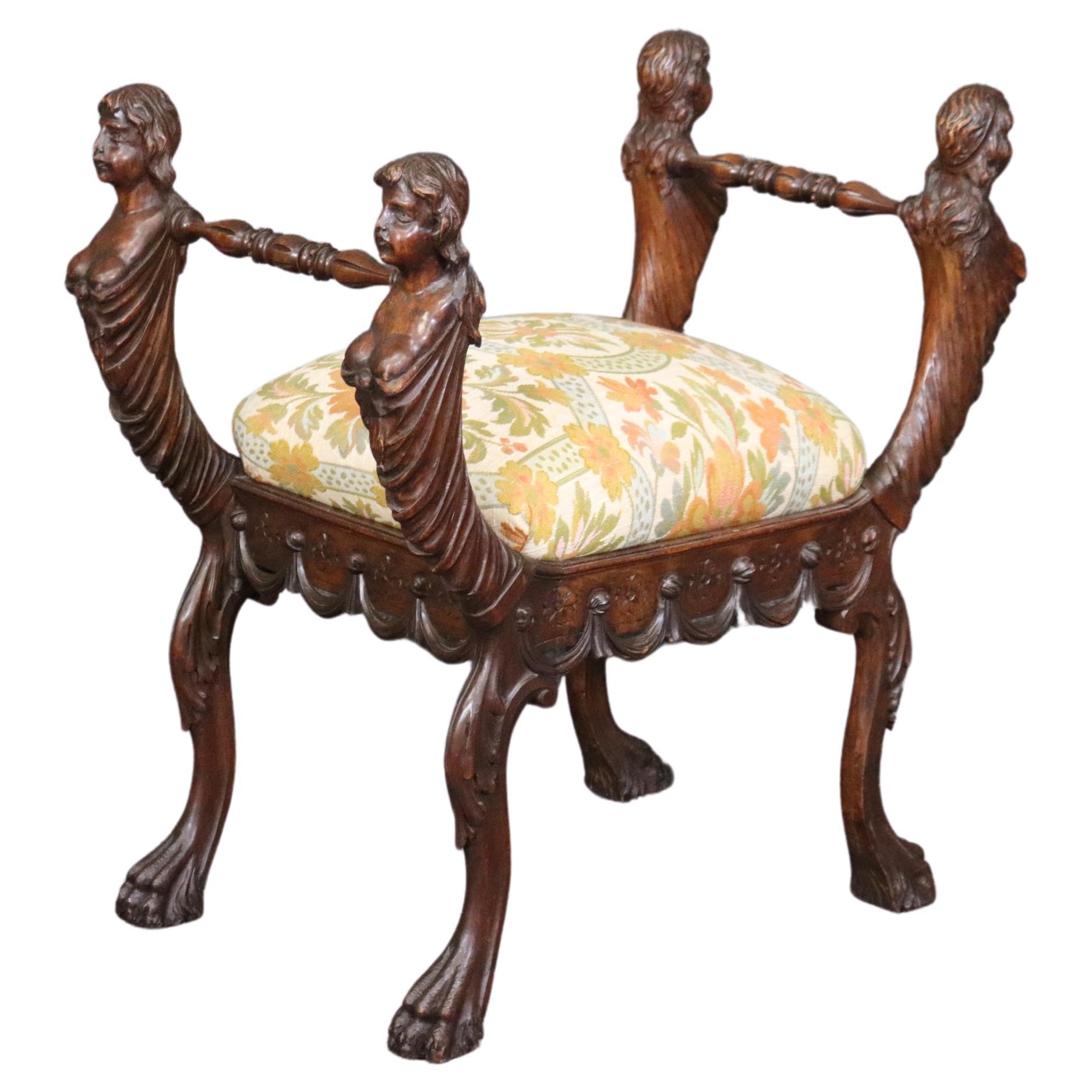 Rare Carved Figural Maiden Walnut Victorian Bench Stool Circa 1870 For Sale