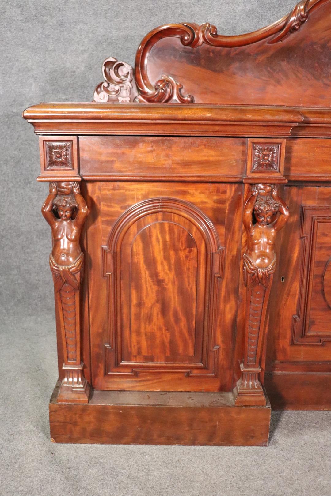 Rare Carved Full Figure Carved Solid Mahogany English Huntboard Sideboard C1870s For Sale 3