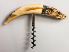 Rare Carved Hunting Dog Corkscrew with Sterling Silver Mounts, circa 1890