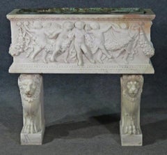 Rare Carved Italian Marble Figural Putti and Lions Marble Planter with Insert