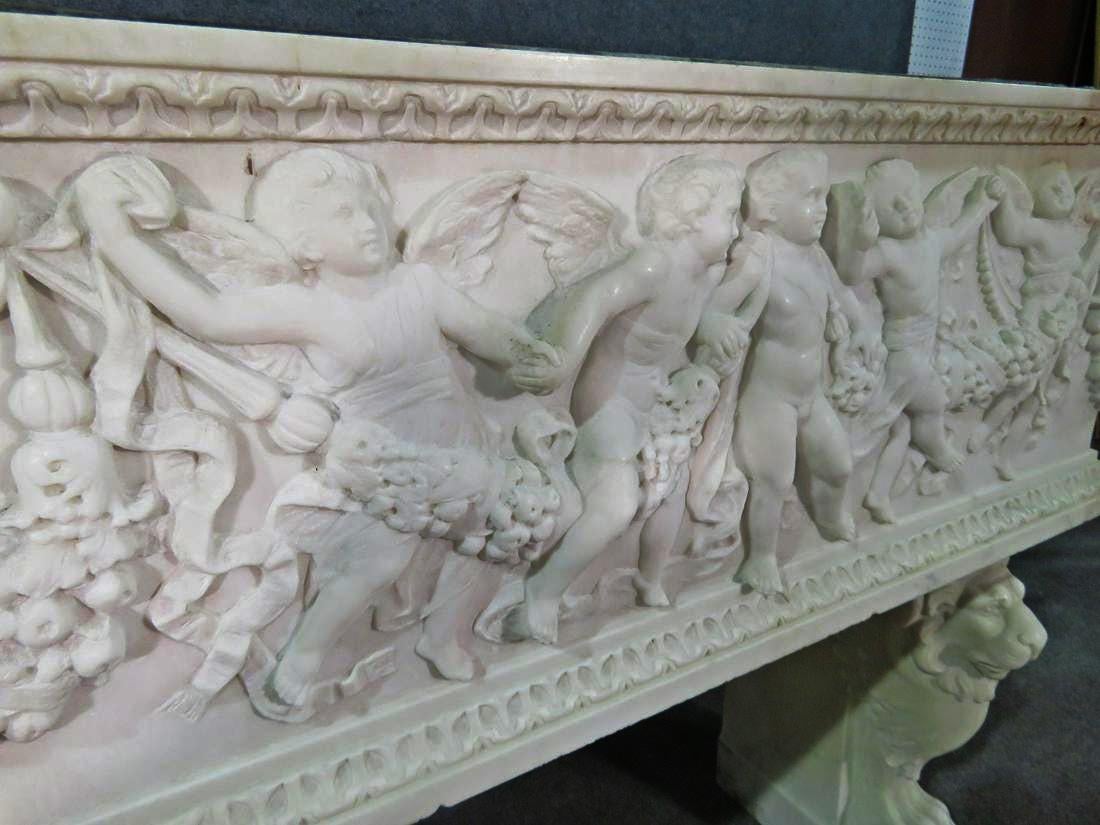 Neoclassical Revival Rare Carved Italian Marble Figural Putti and Lions Marble Planter with Insert