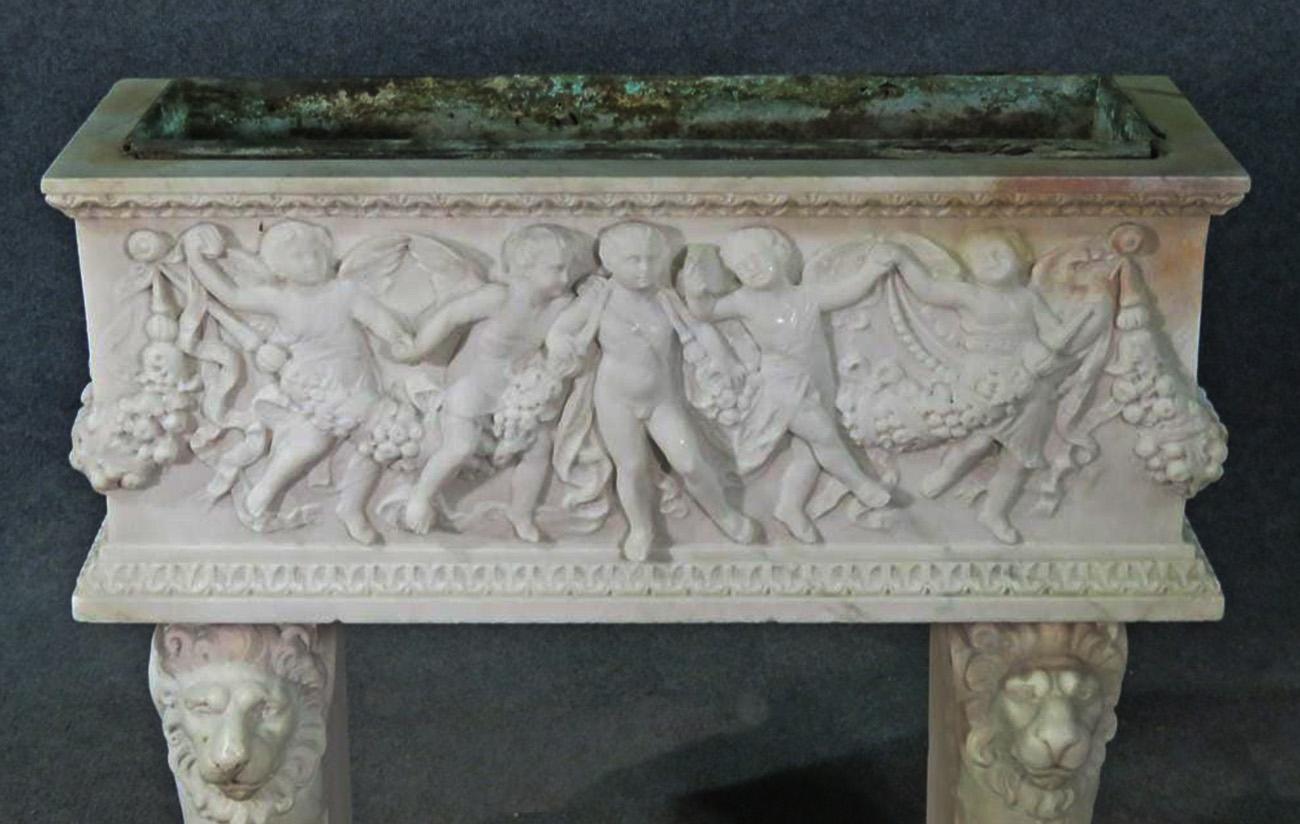 Late 19th Century Rare Carved Italian Marble Figural Putti and Lions Marble Planter with Insert